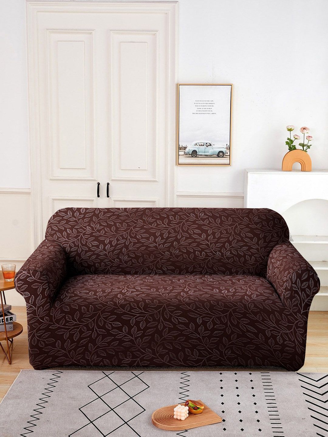 Buy Cortina Brown Leaf Polyester Straight 2 Seater Sofa Cover 57x73In -  - Home for Unisex