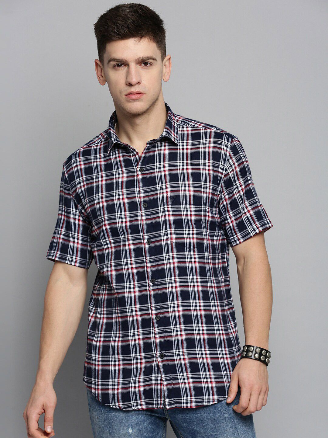 SHOWOFFFF Men Comfort Tartan Checked Twill Cotton Casual Shirt
