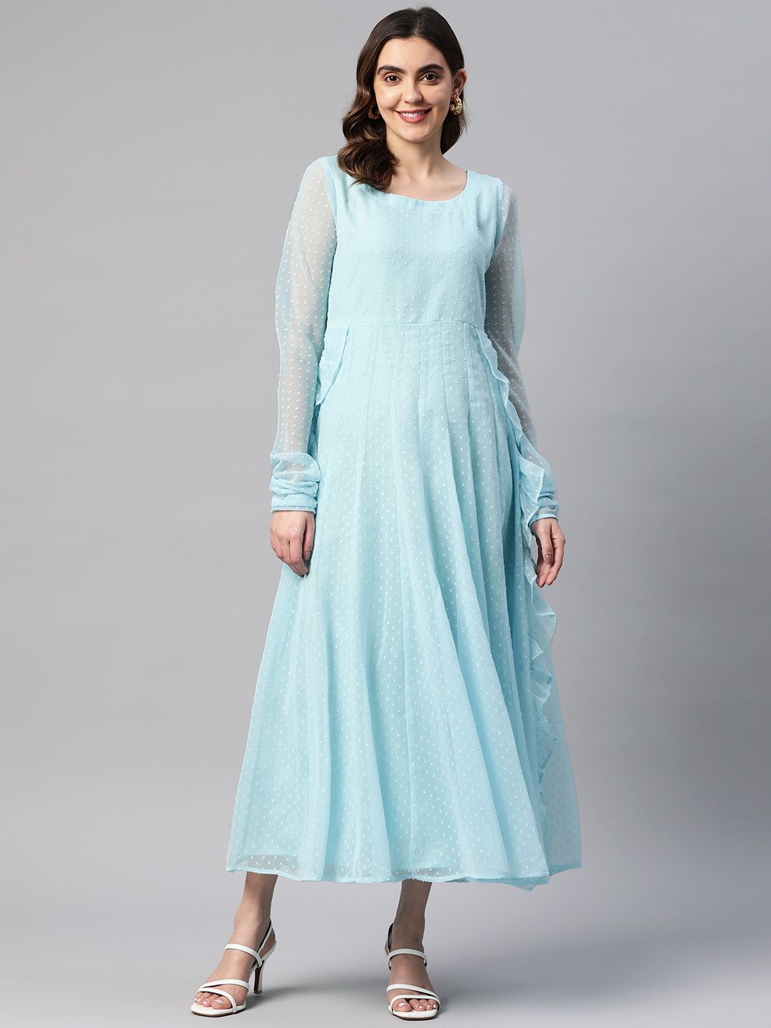 MBE Dobby Georgette A-Line Midi Dress With Ruffled Detail