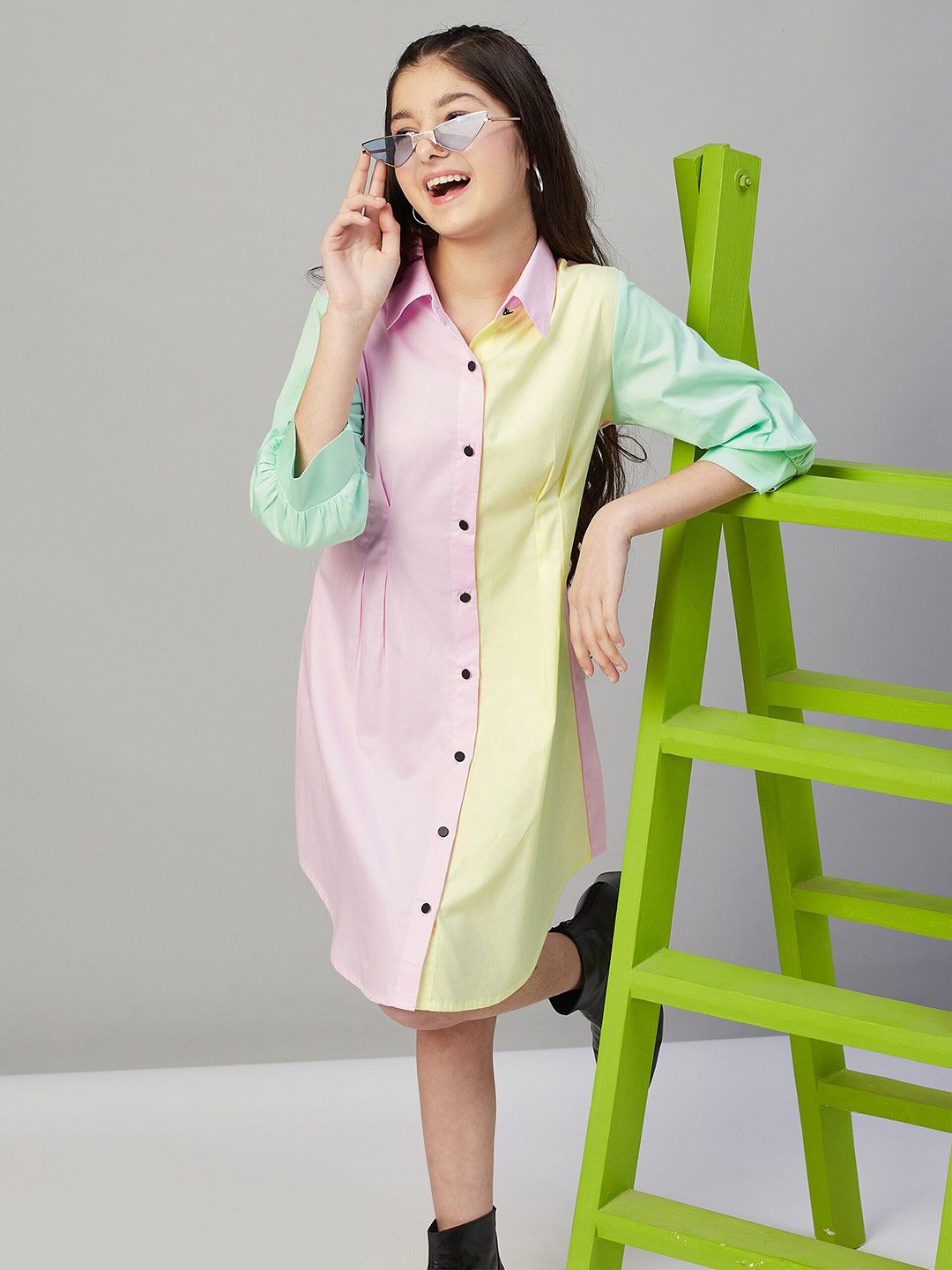 StyloBug Puffed Sleeve Cotton Shirt Dress