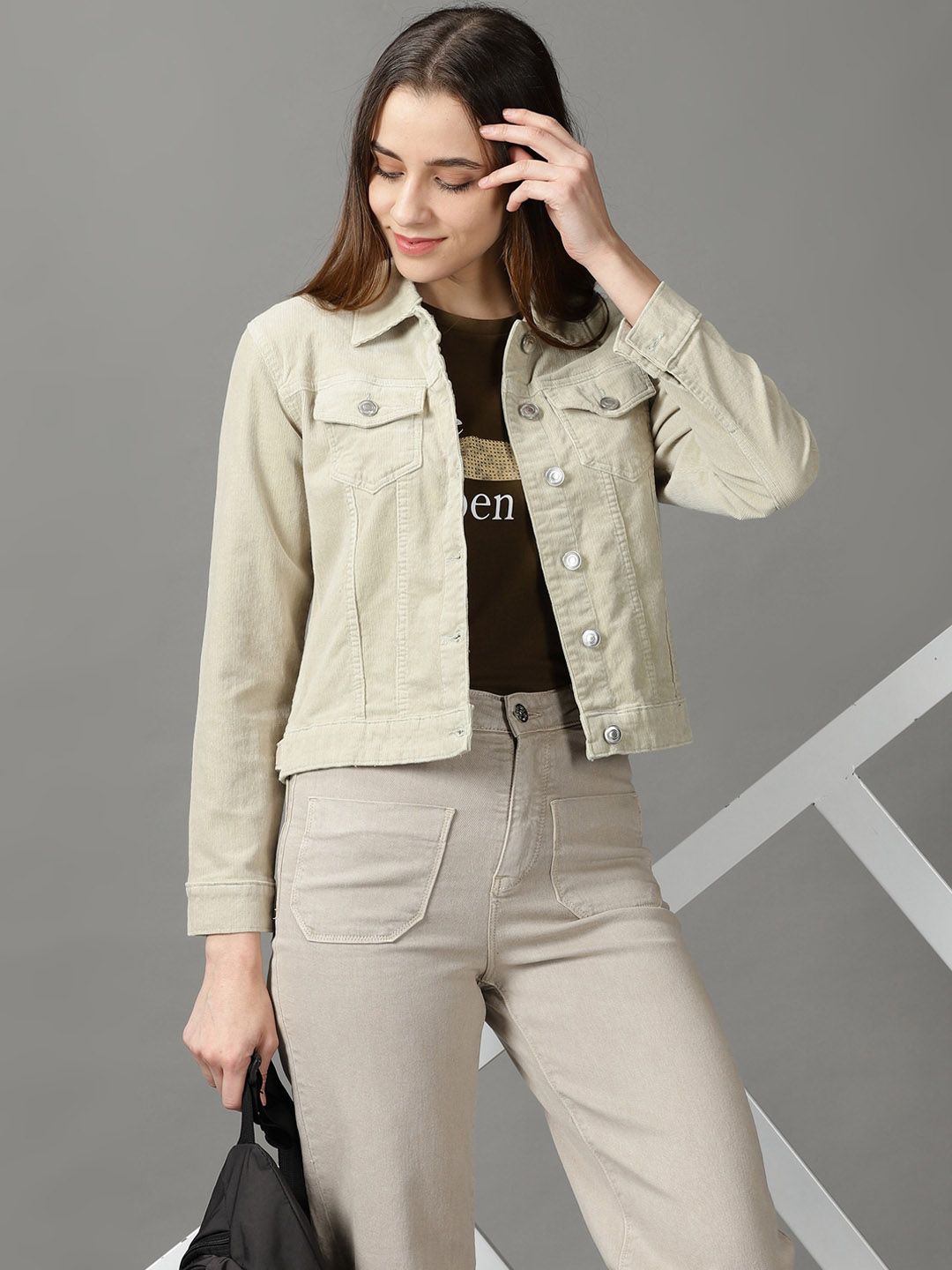 SHOWOFFFF Women Corduroy Crop Denim Jacket