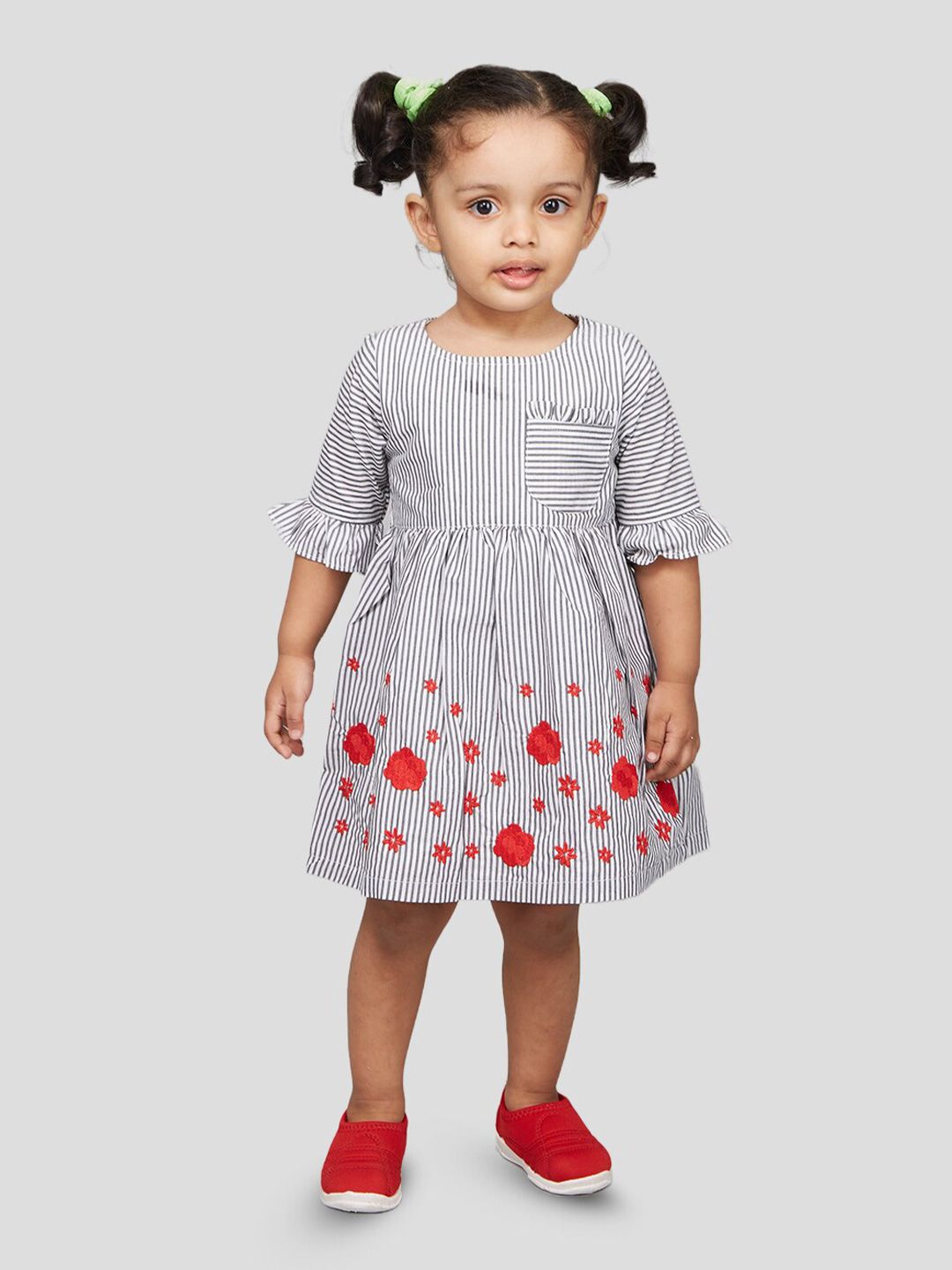 Zalio Striped Bell Sleeve Fit And Flare Pure Cotton Dress