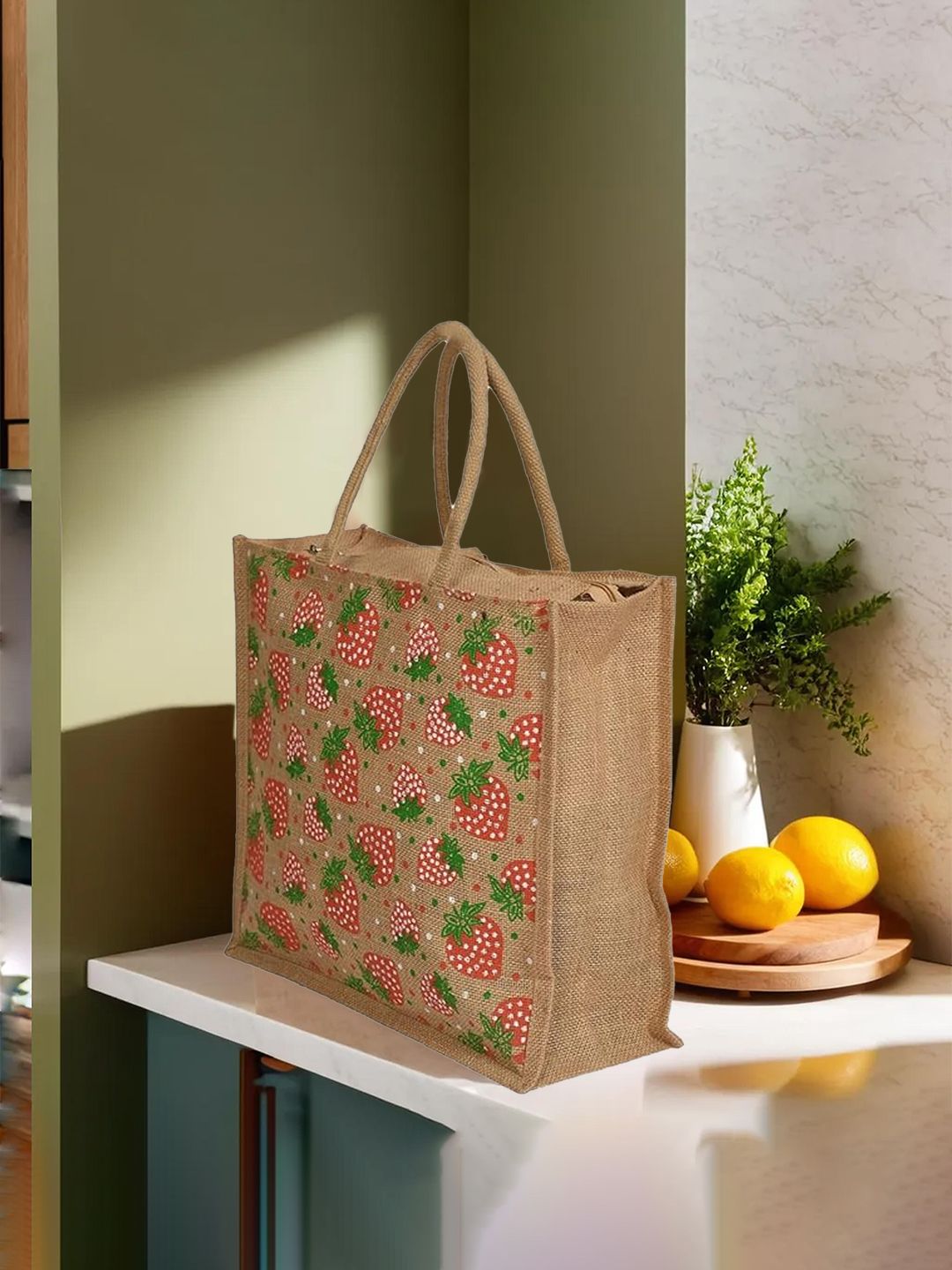Kuber Industries Floral Printed Structured Jute Handheld Bag