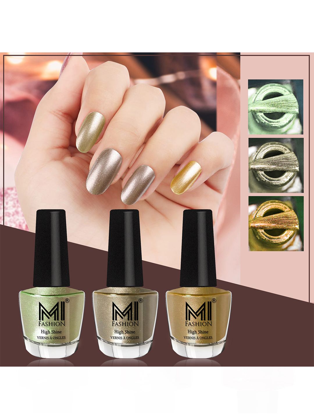 MI FASHION Set of 3 High Shine Long-Lasting Nail Lacquer 12 ml Each - Metallic Olive Green 11 - Ginger Rust 12 - Metallic Golden 45
