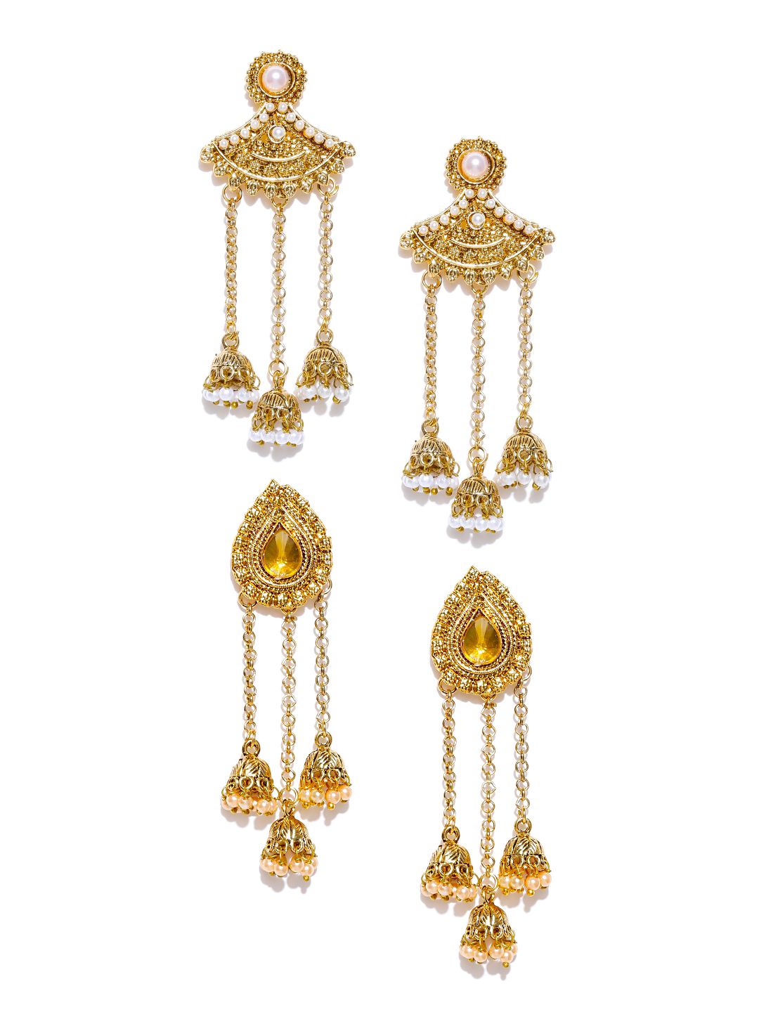 Zaveri Pearls Set of 2 Gold-Plated Stone-Studded Drop Earrings