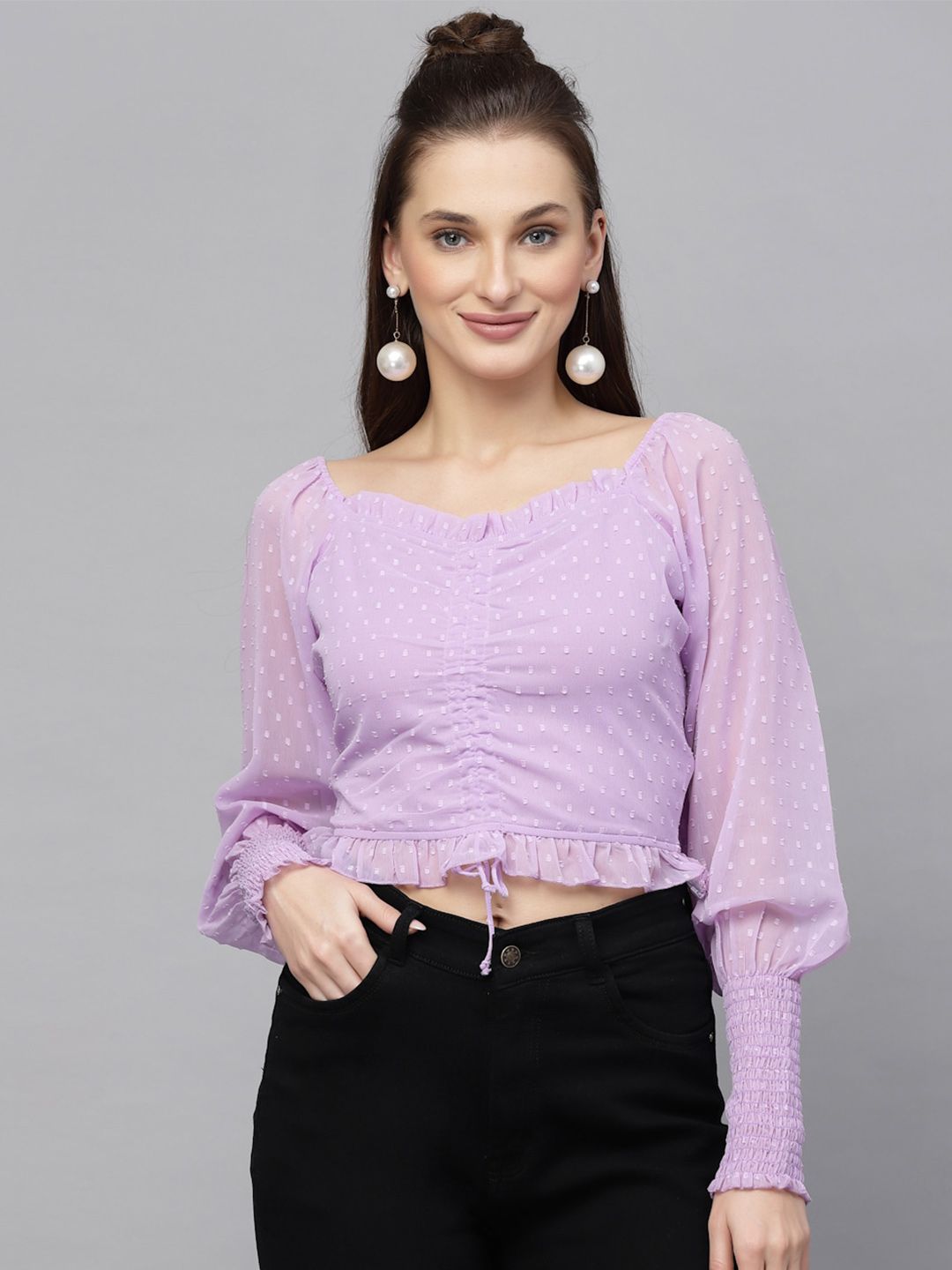 aayu Self Design V Neck Puff Sleeve Crop Top