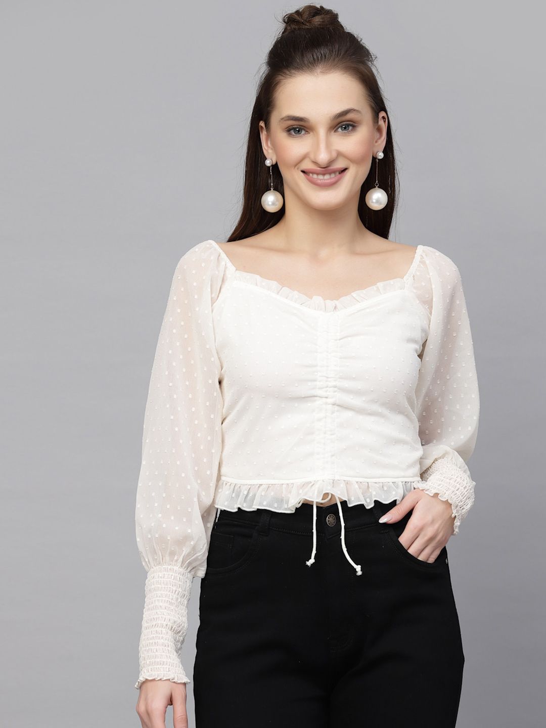 aayu Self Design V Neck Puff Sleeve Crop Top