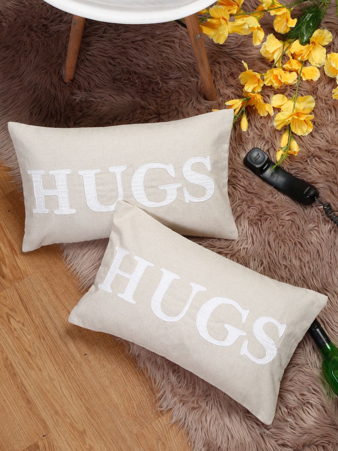 eyda Embroidered Beige Typography Cotton Lightweight 2 Pcs Cushion Covers -12x20In