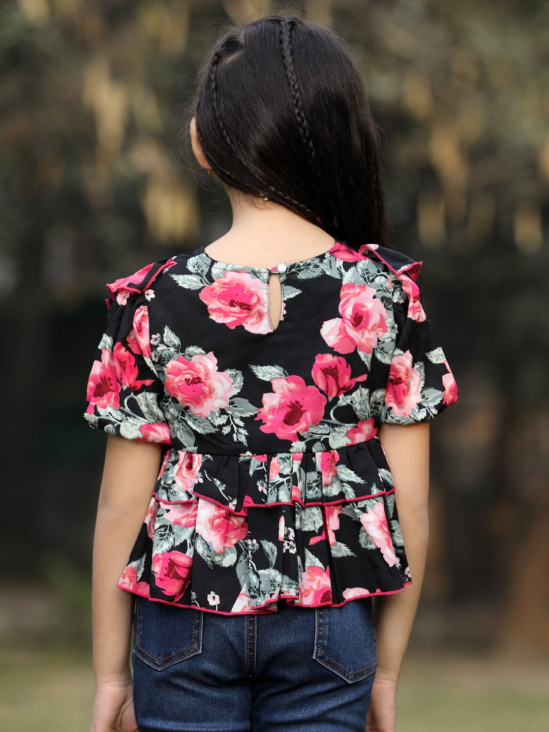 Girls Floral Printed V-Neck Ruffles Front Cut Peplum Top 4