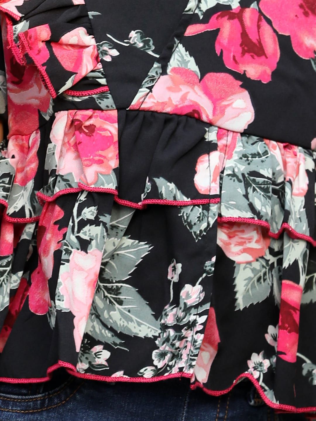 Girls Floral Printed V-Neck Ruffles Front Cut Peplum Top 2