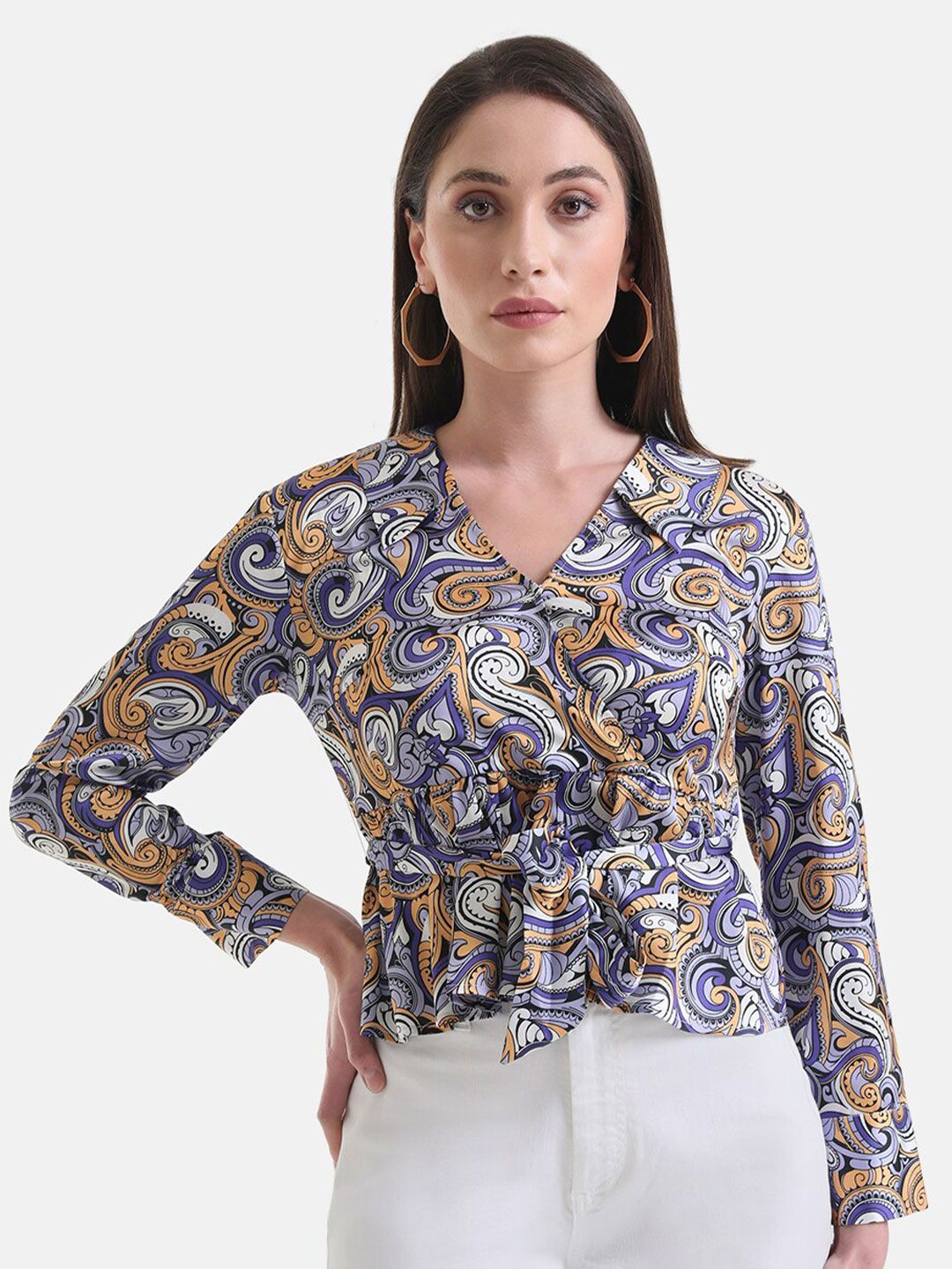 Kazo Ethnic Motifs Printed Waist Tie-Ups Peplum Satin Wrap Top