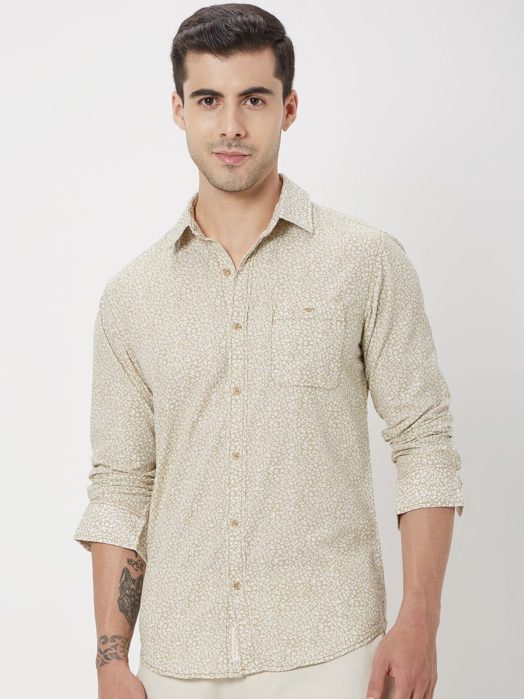 Mufti Men Trim Slim Fit Floral Sheer Printed Casual Cotton Linen Shirt