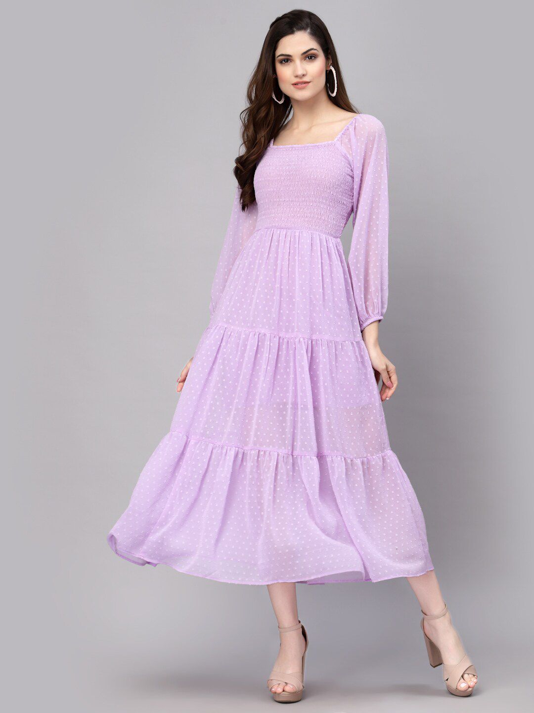 aayu Square Neck Smocked Georgette A-Line Midi Dress