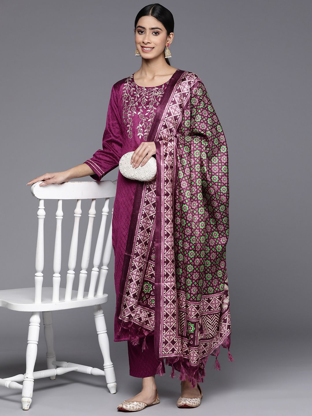 Varanga Floral Embroidered Sequinned Kurta With Trousers & Dupatta