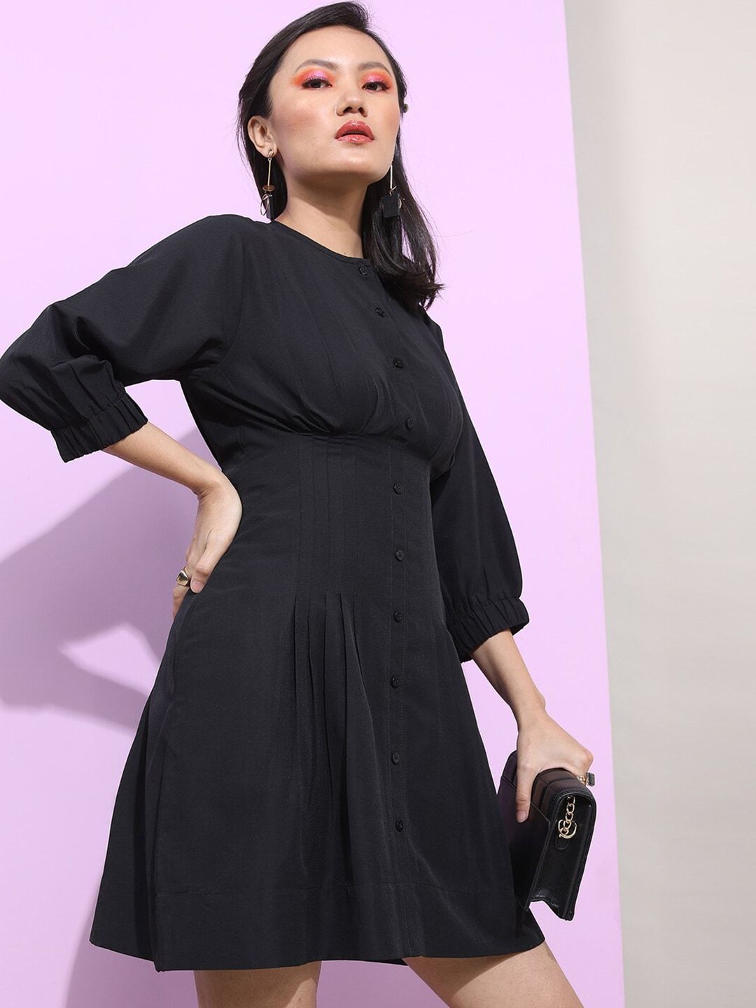 Tokyo Talkies Round Neck Knife Pleats Shirt Style Dress