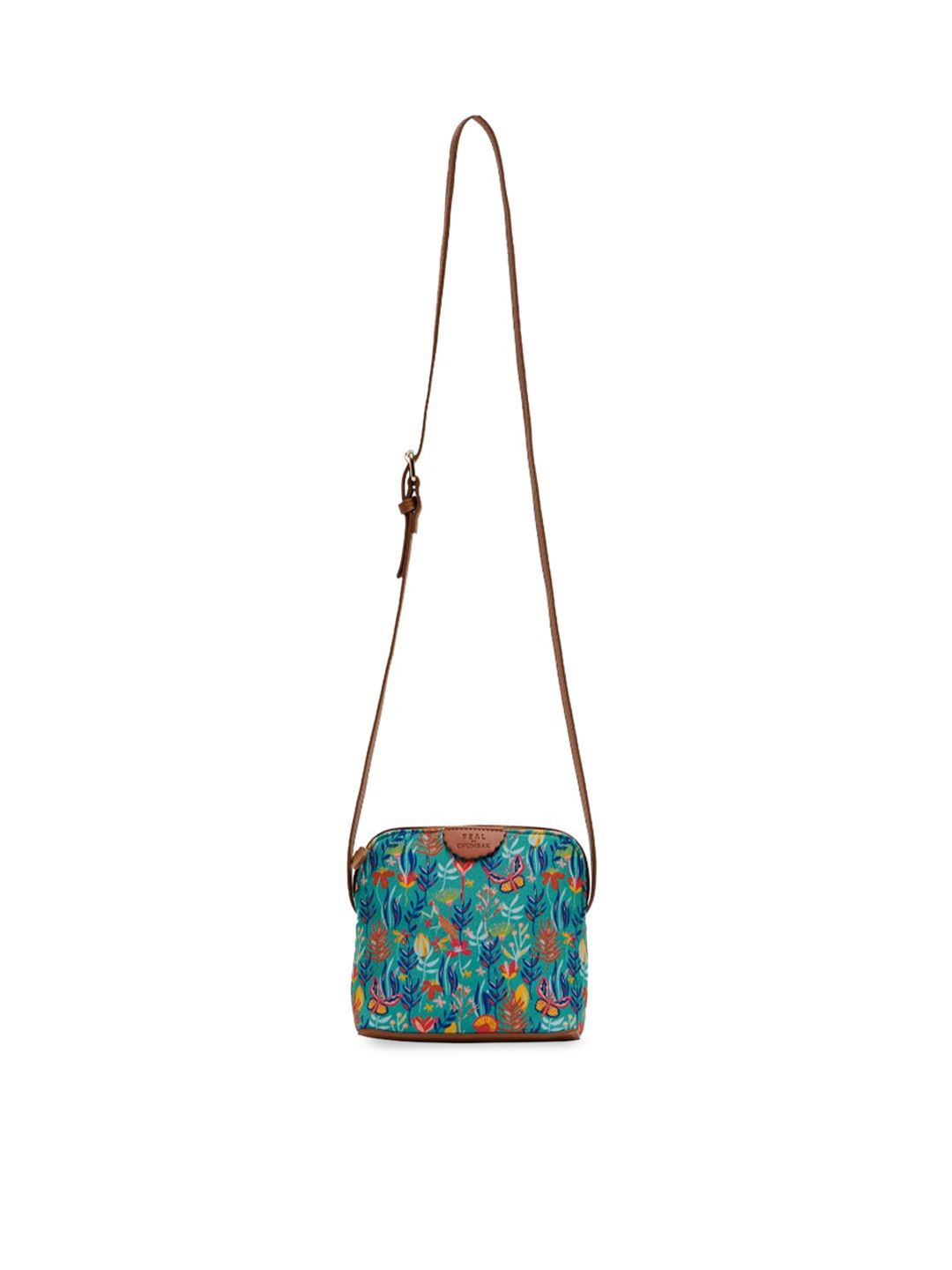 TEAL BY CHUMBAK Women Teal Floral Printed Sling Bag PU Textured Handbag