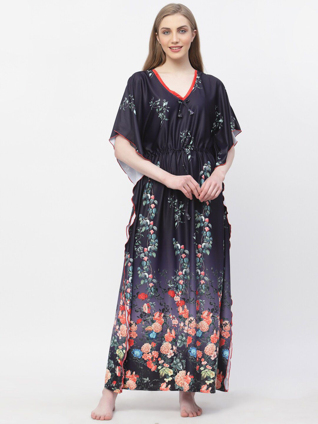 Arrabi Floral Satin Maxi Kaftan Nightdress