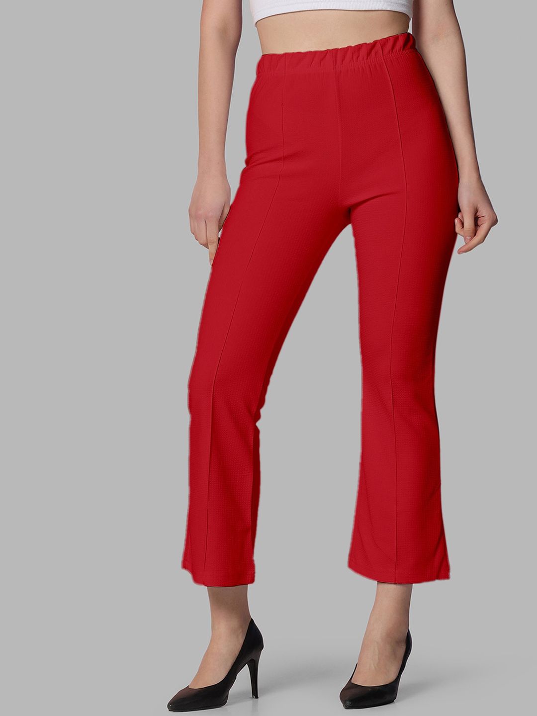 Selvia Women Lycra Easy Wash Regular Fit Mid-Rise Cropped Slip-On Bootcut Trousers