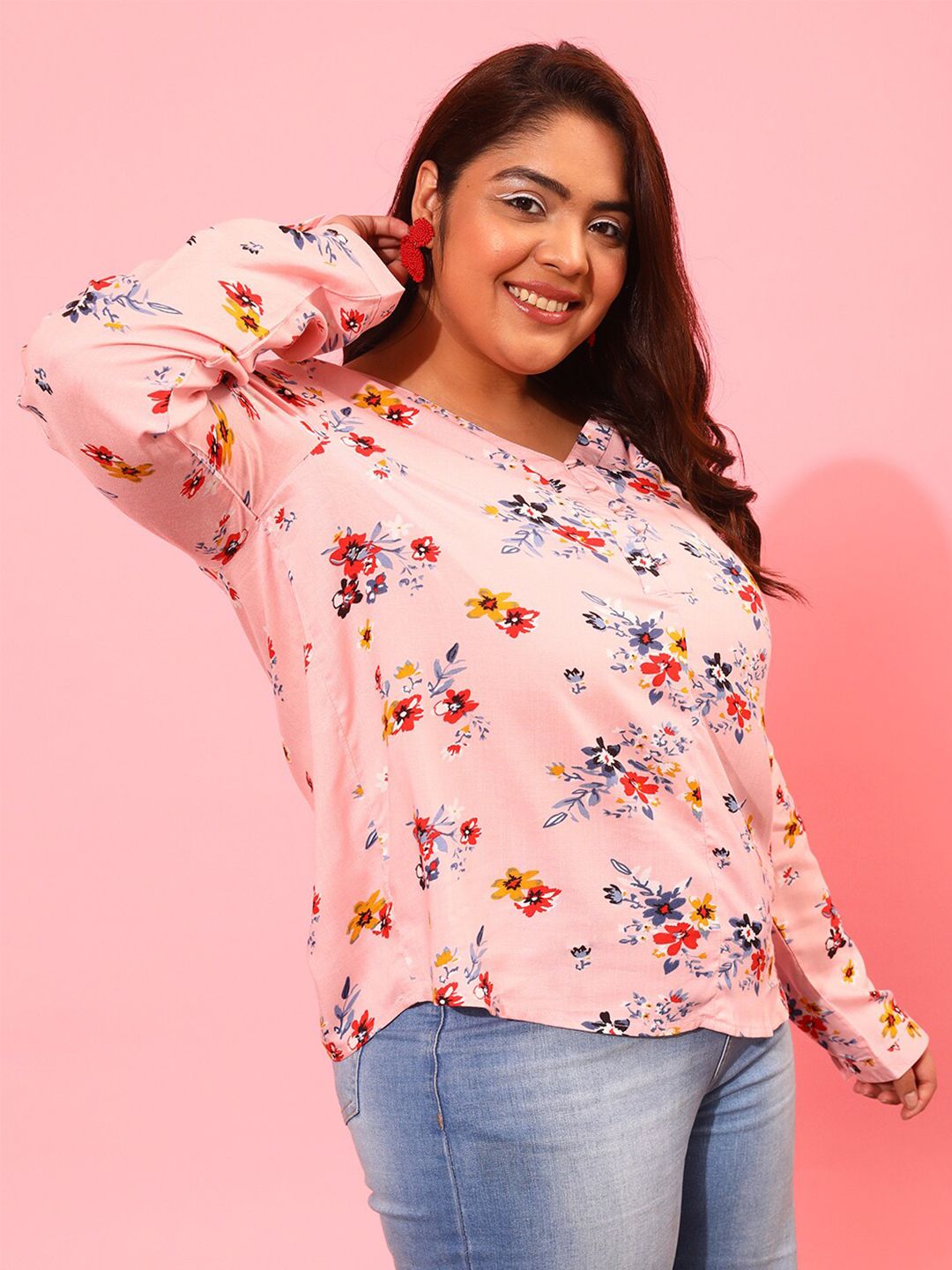 CURVY STREET Floral Printed Cuffed Sleeves Top