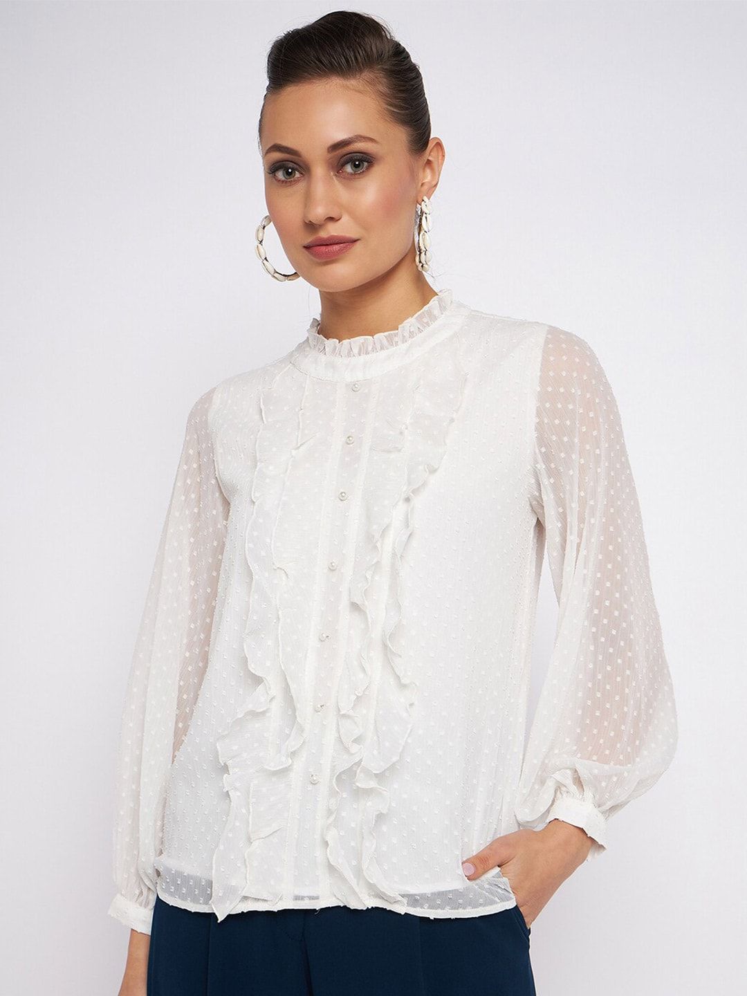 Antheaan Elit Geometric Self Design Puff Sleeves Shirt Style Top