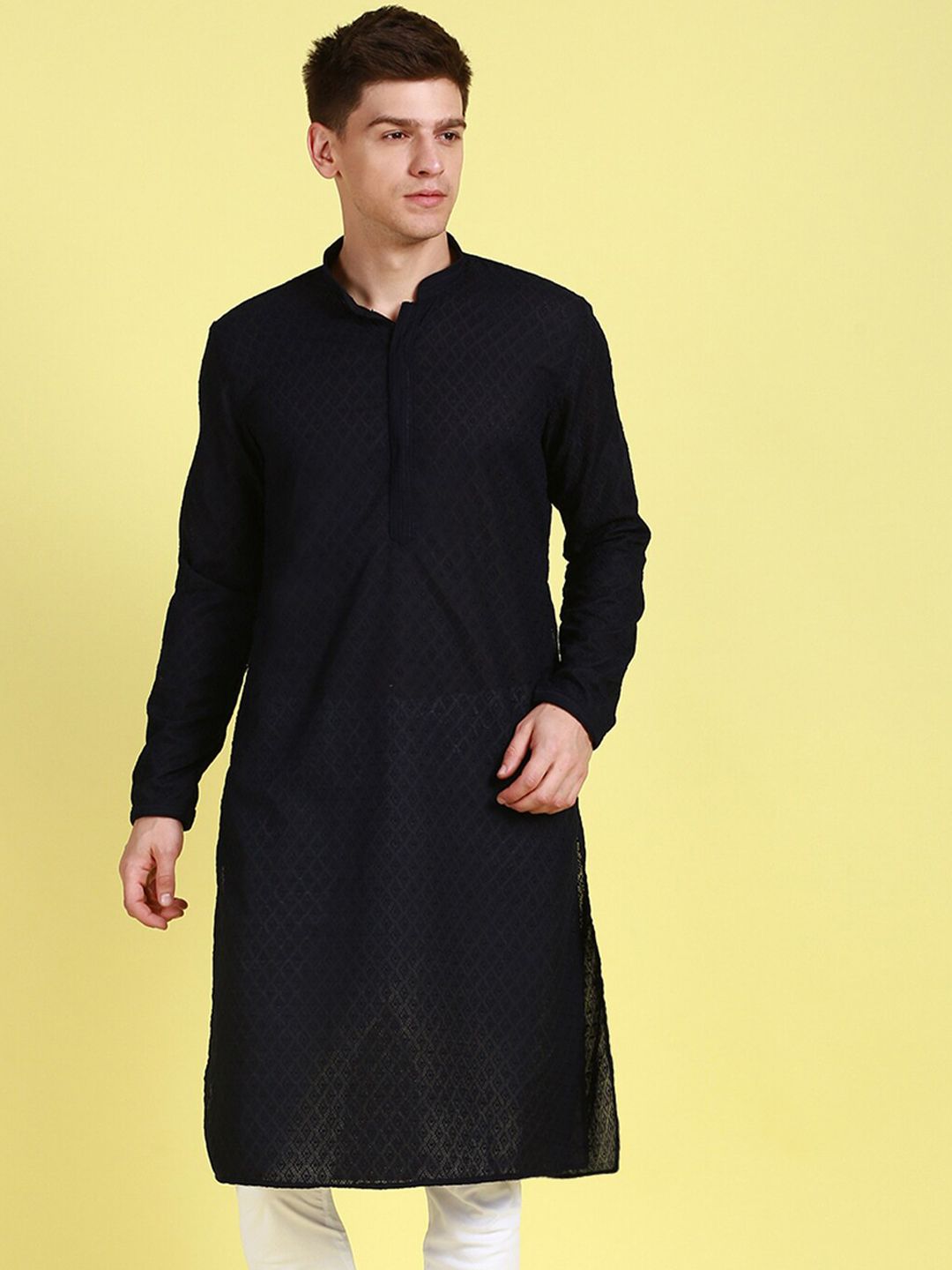 Sanwara  Embroidered Cotton Mandarin Collar Long Sleeves Chikankari Straight Kurta