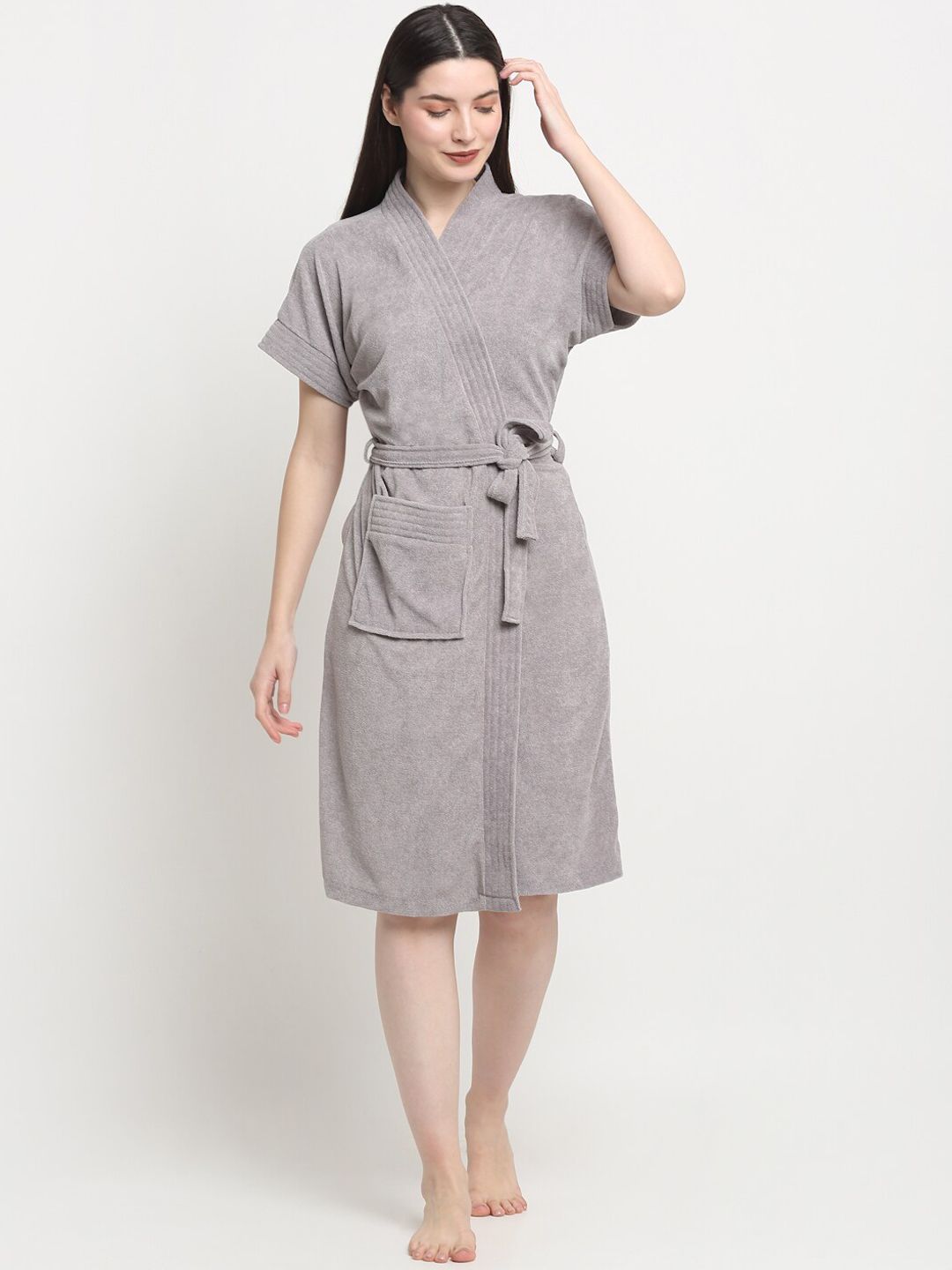 Creeva Everyday Grey Solid Terrycloth Drawstring Midi Bath Robe