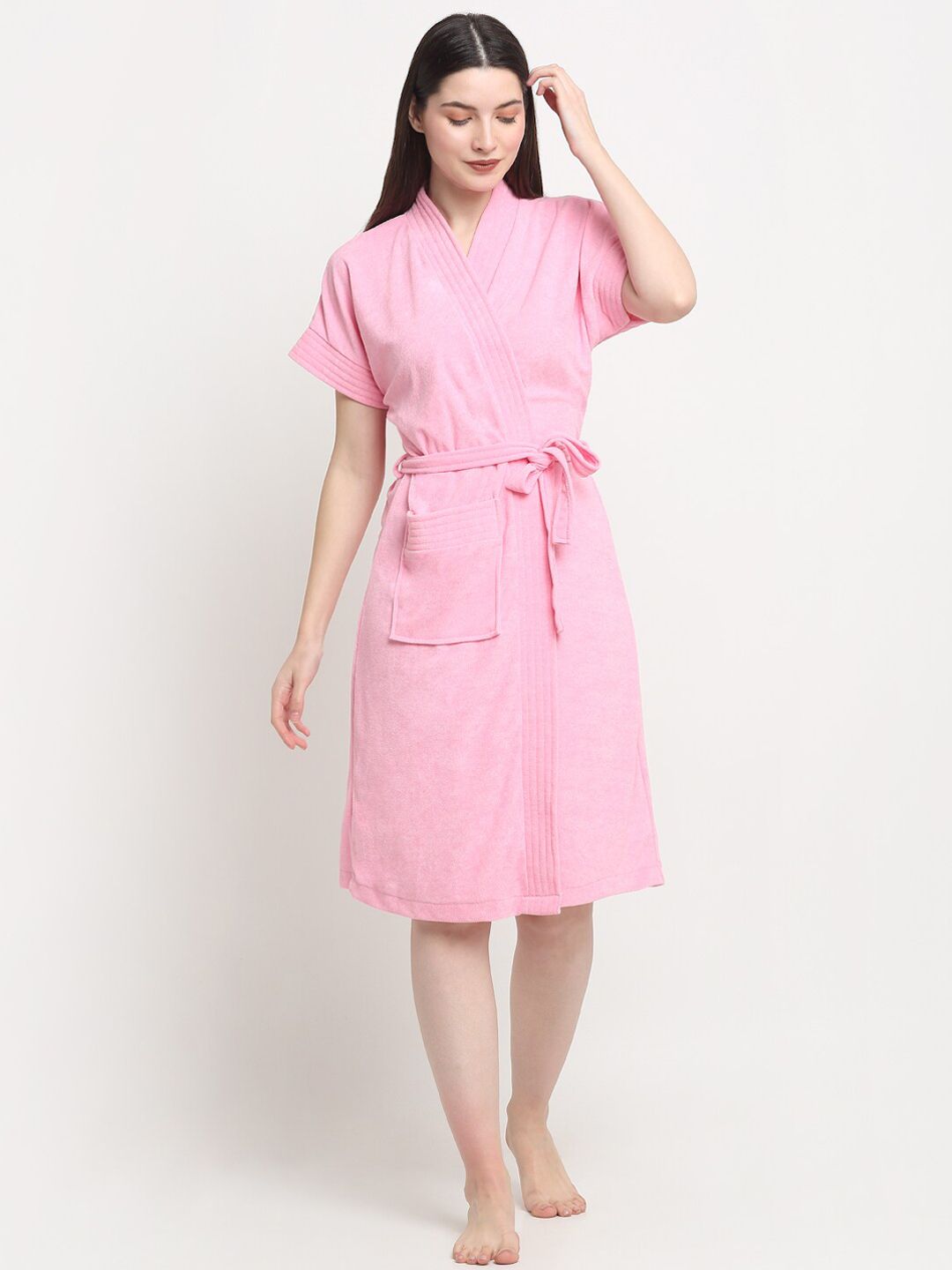 Creeva Everyday Pink Solid Terrycloth Drawstring Knee Length Bath Robe
