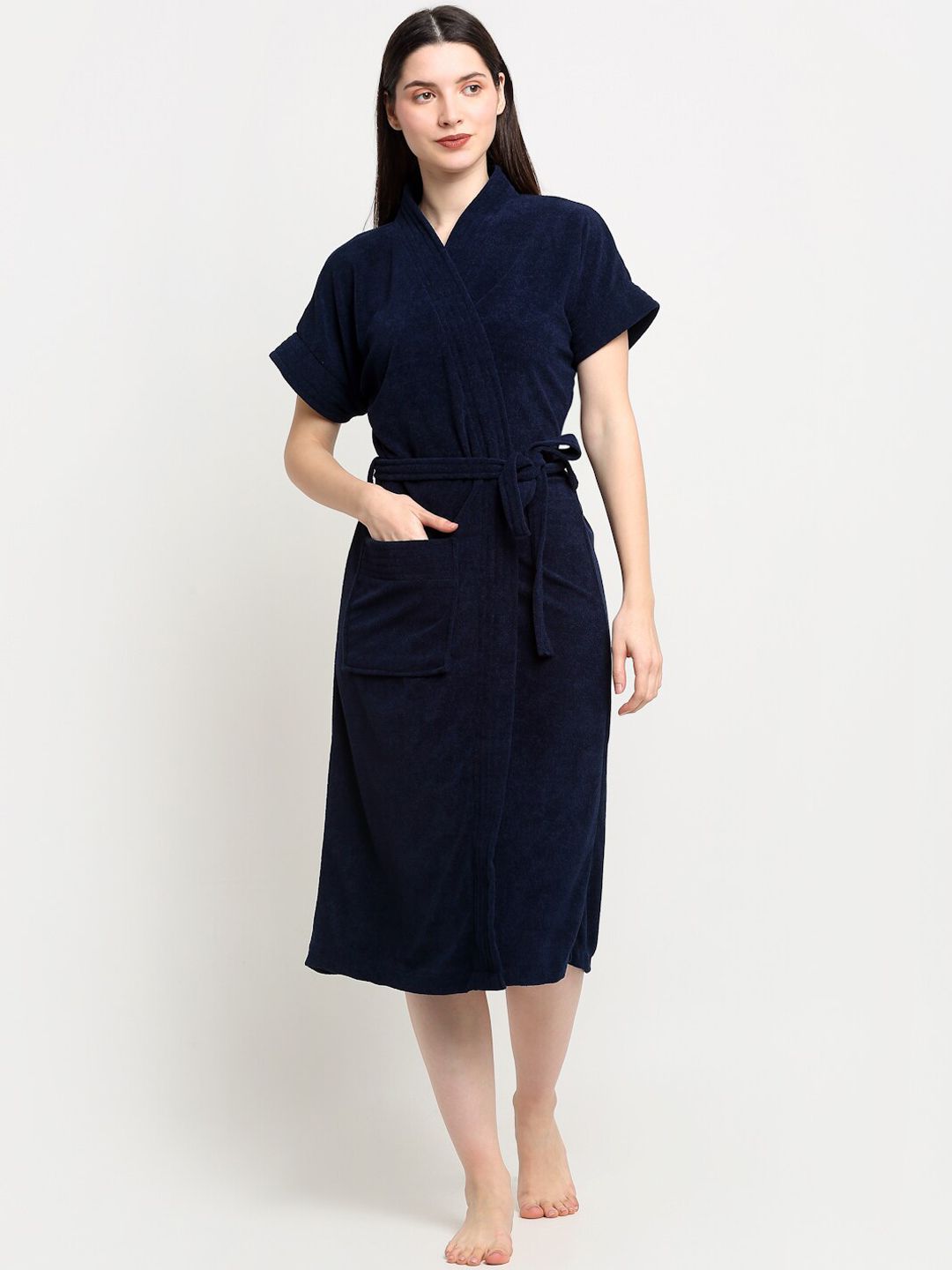 Buy Creeva Everyday Navy Blue Solid Terrycloth Drawstring Midi Bath Robe -  - Home for Unisex
