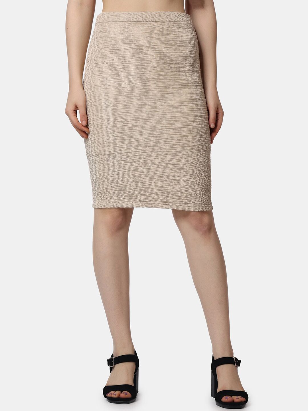 Popwings Self Design No Slit Knee Length Pencil Skirt