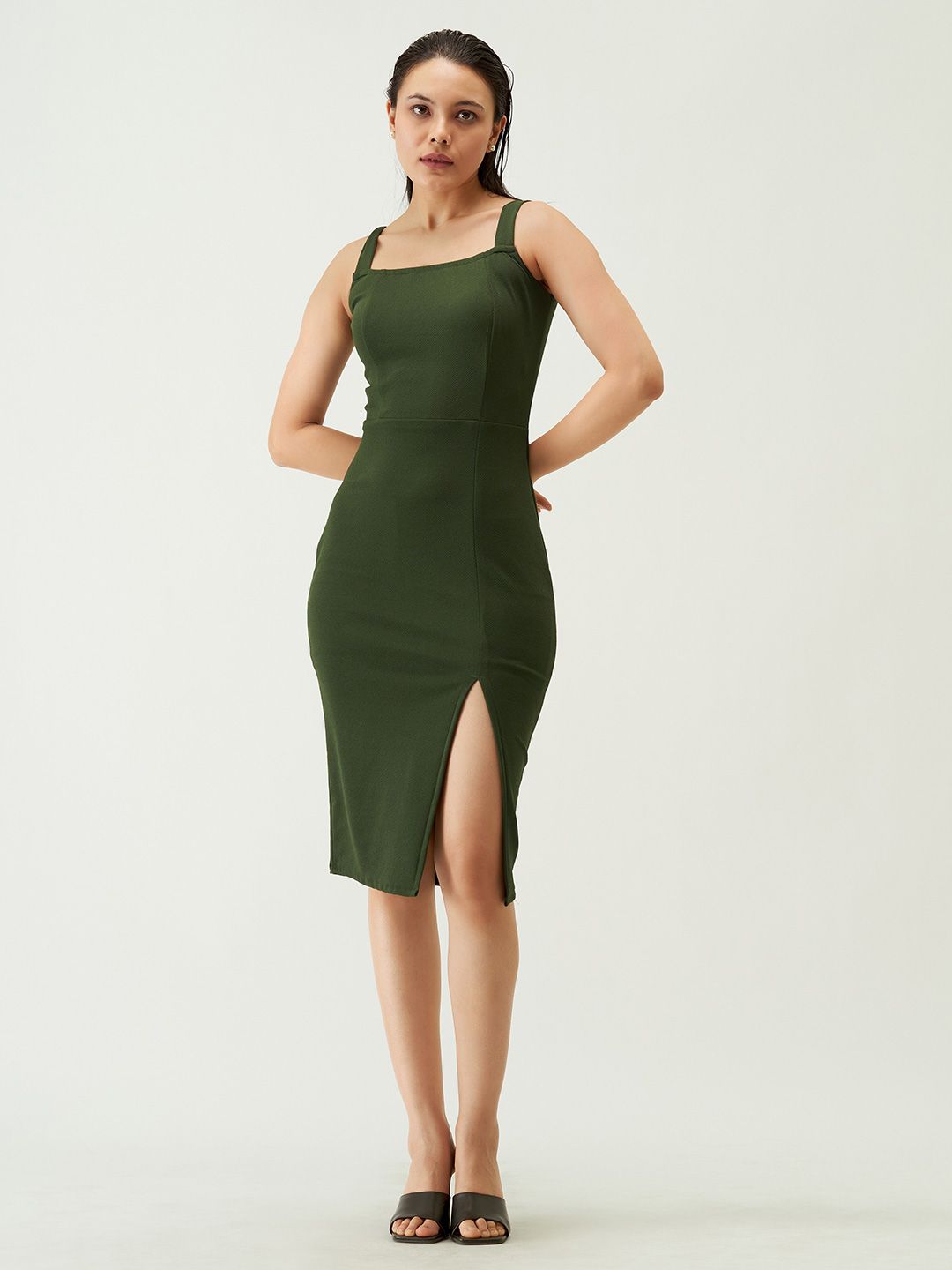 AASK Square Neck Front Slit Sheath Dress