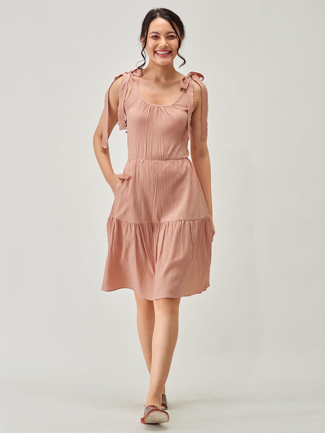 AASK Cream Tie-Up Neck Crepe A-Line Dress