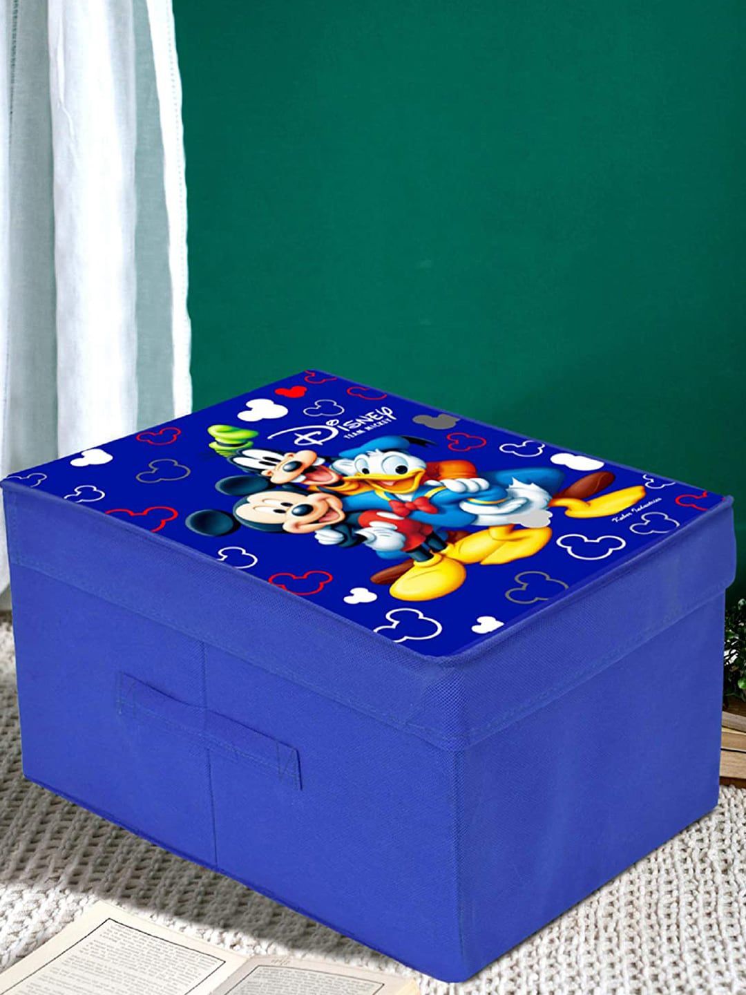 Kuber Industries Blue & Yellow Mickey & Friend Printed Foldable Storage Box With Lid