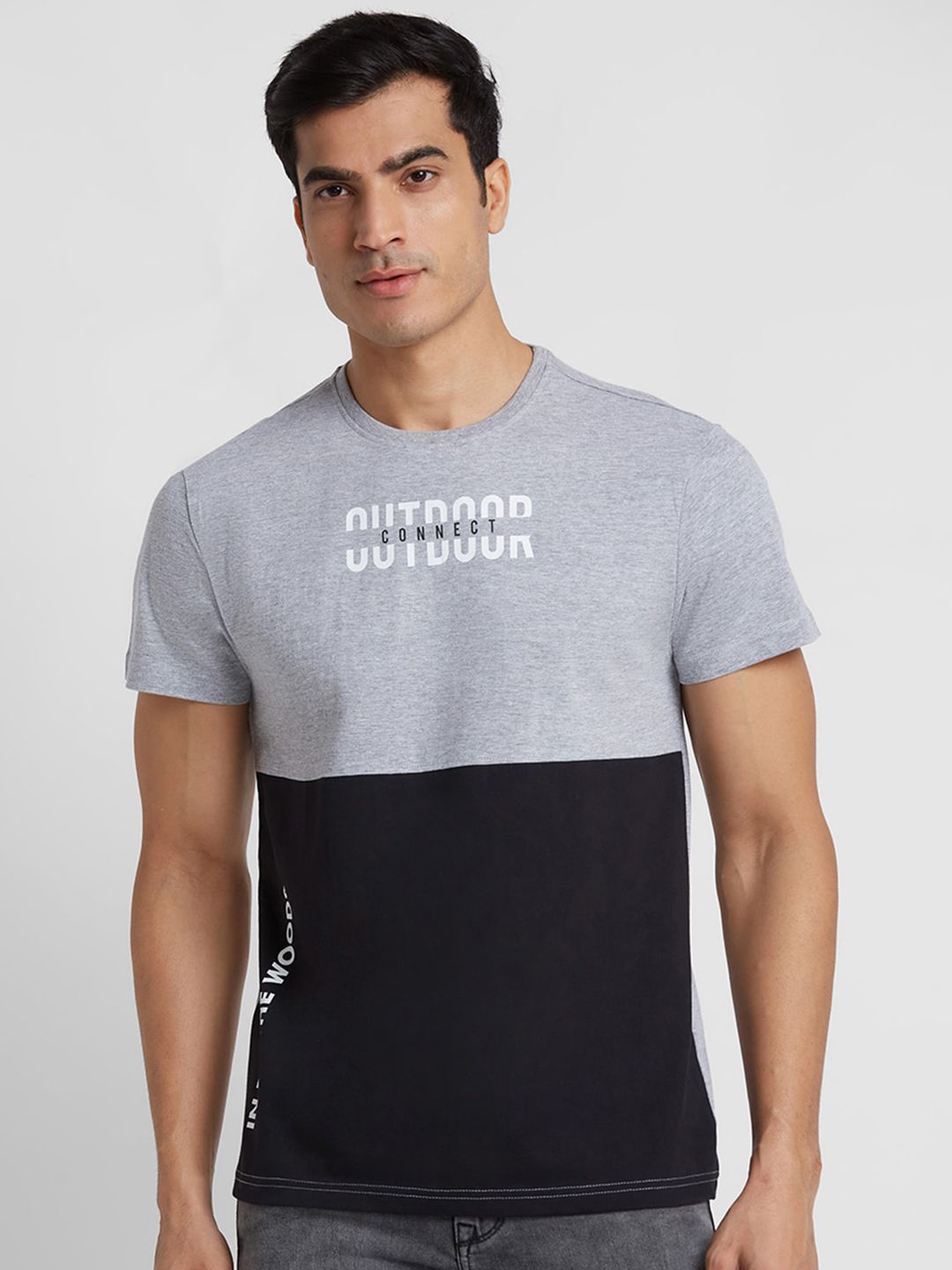 Globus Men Colourblocked Grey Melange Tshirt Printed Pure Cotton Round Neck Regular Fit T-shirt