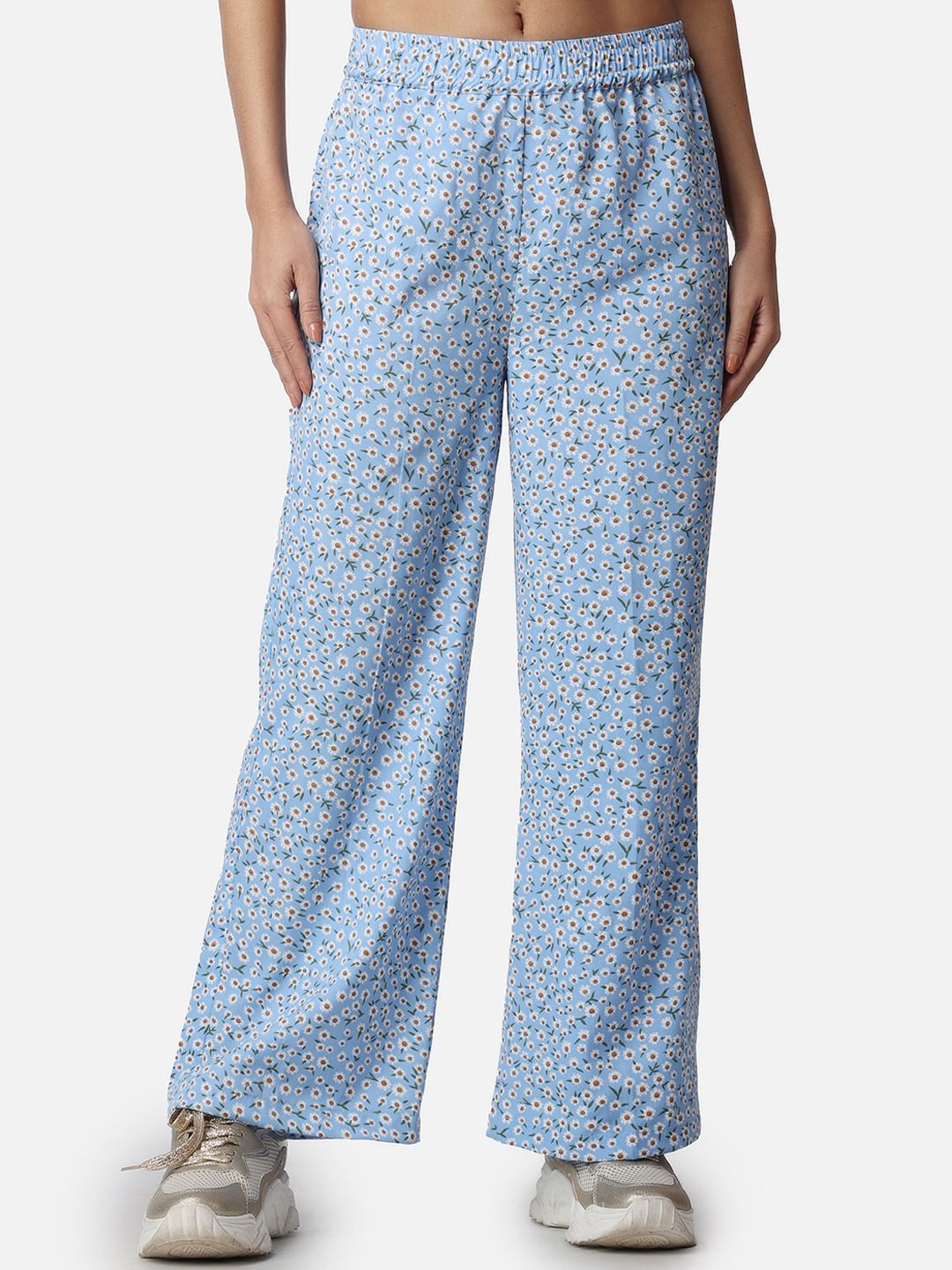 Popwings Women Floral Printed Relaxed Loose Fit High-Rise Easy Wash Parallel Trousers