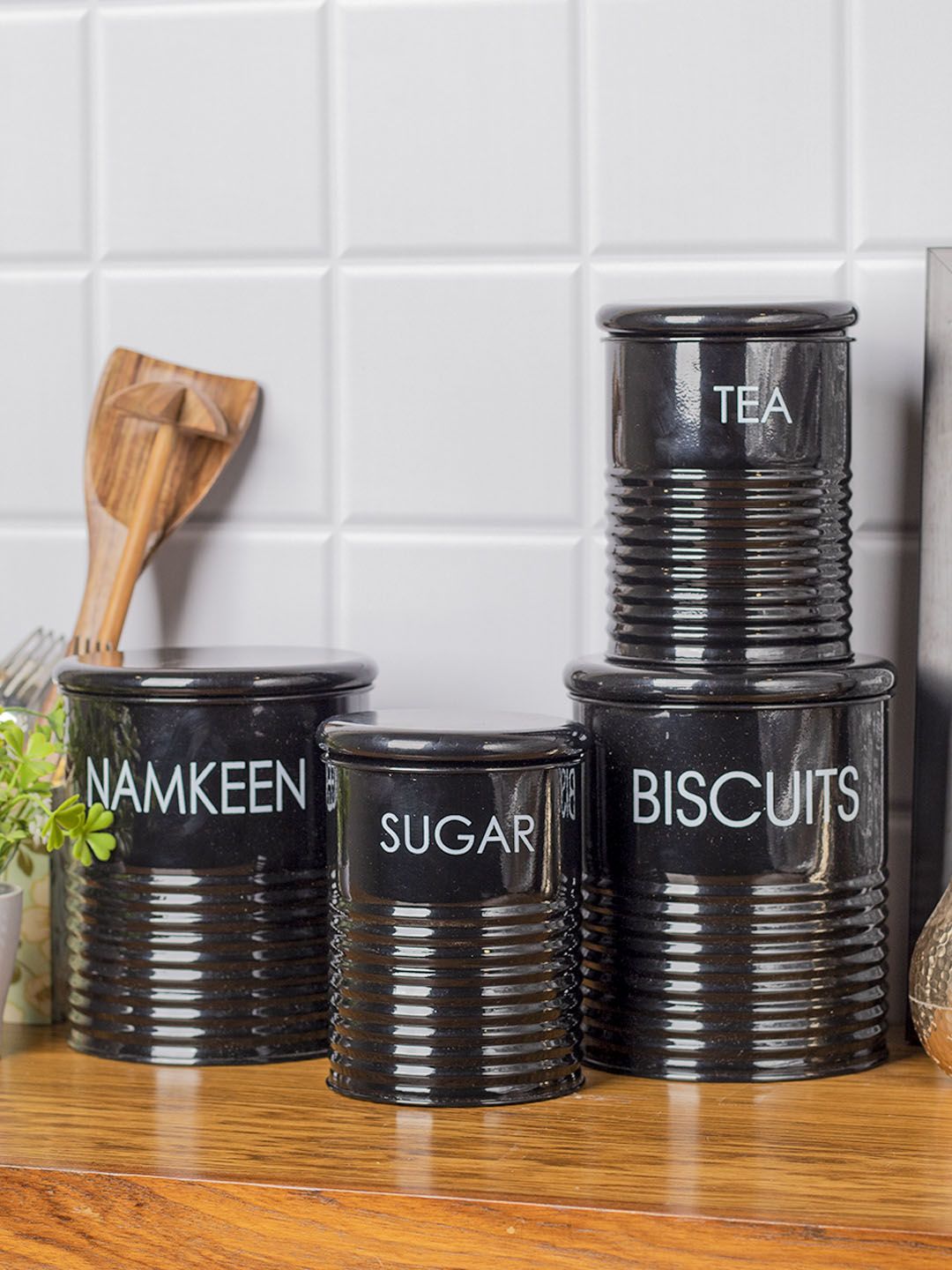Market99 4 Piece Black Striped Metal Tea & Sugar 900 ml & Namkeen and Biscuit Jar 1700 ml