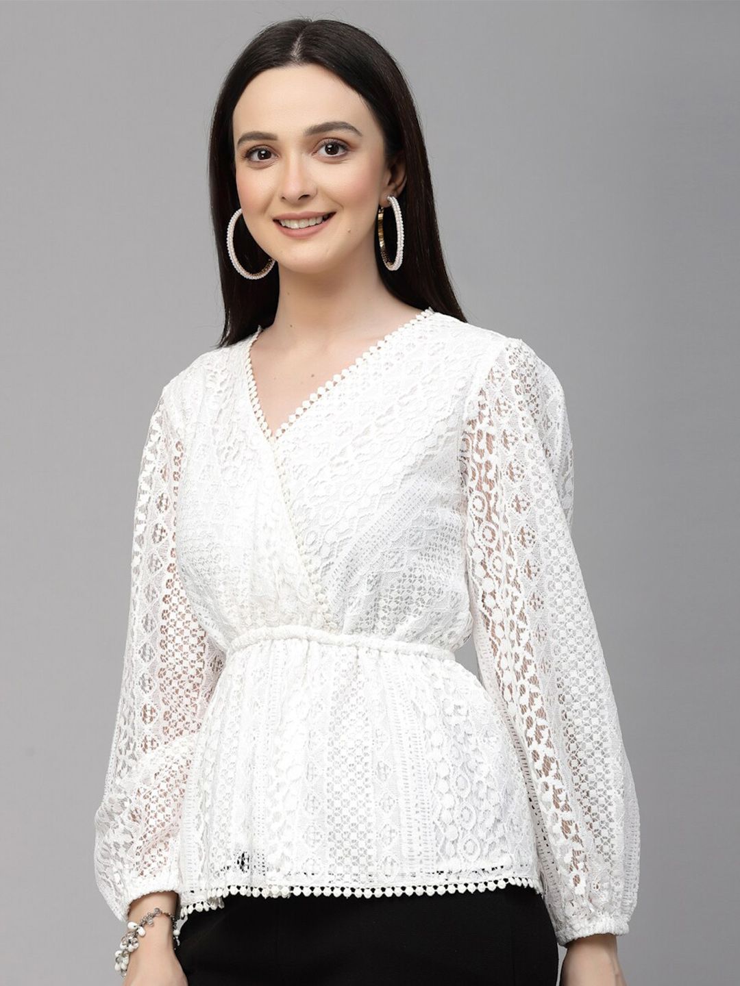 Style Quotient Self Design Puff Sleeve Cotton Lace Cinched Waist Top