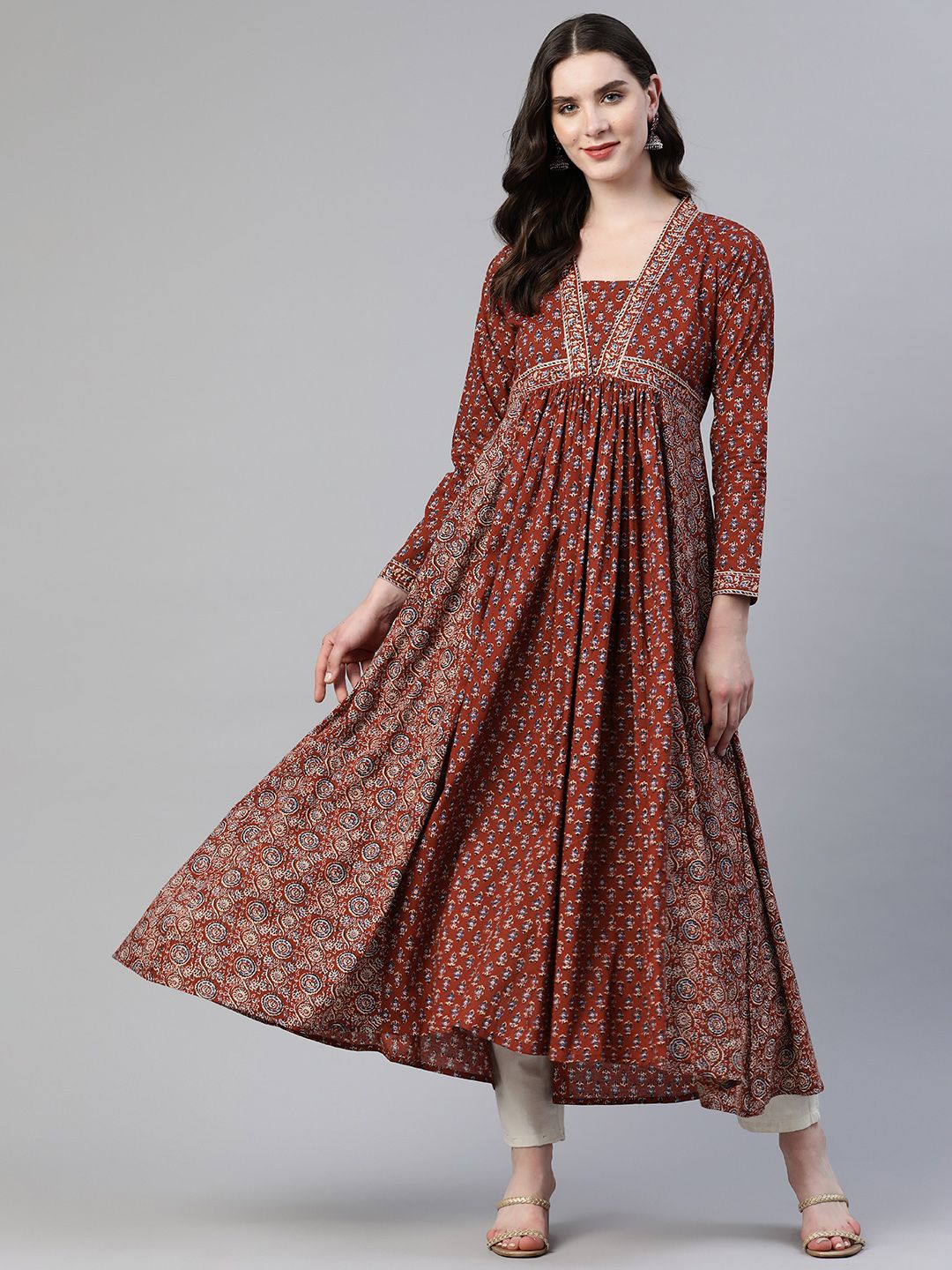 Vbuyz Womens Red Floral Print Anarkali Cotton Kurta