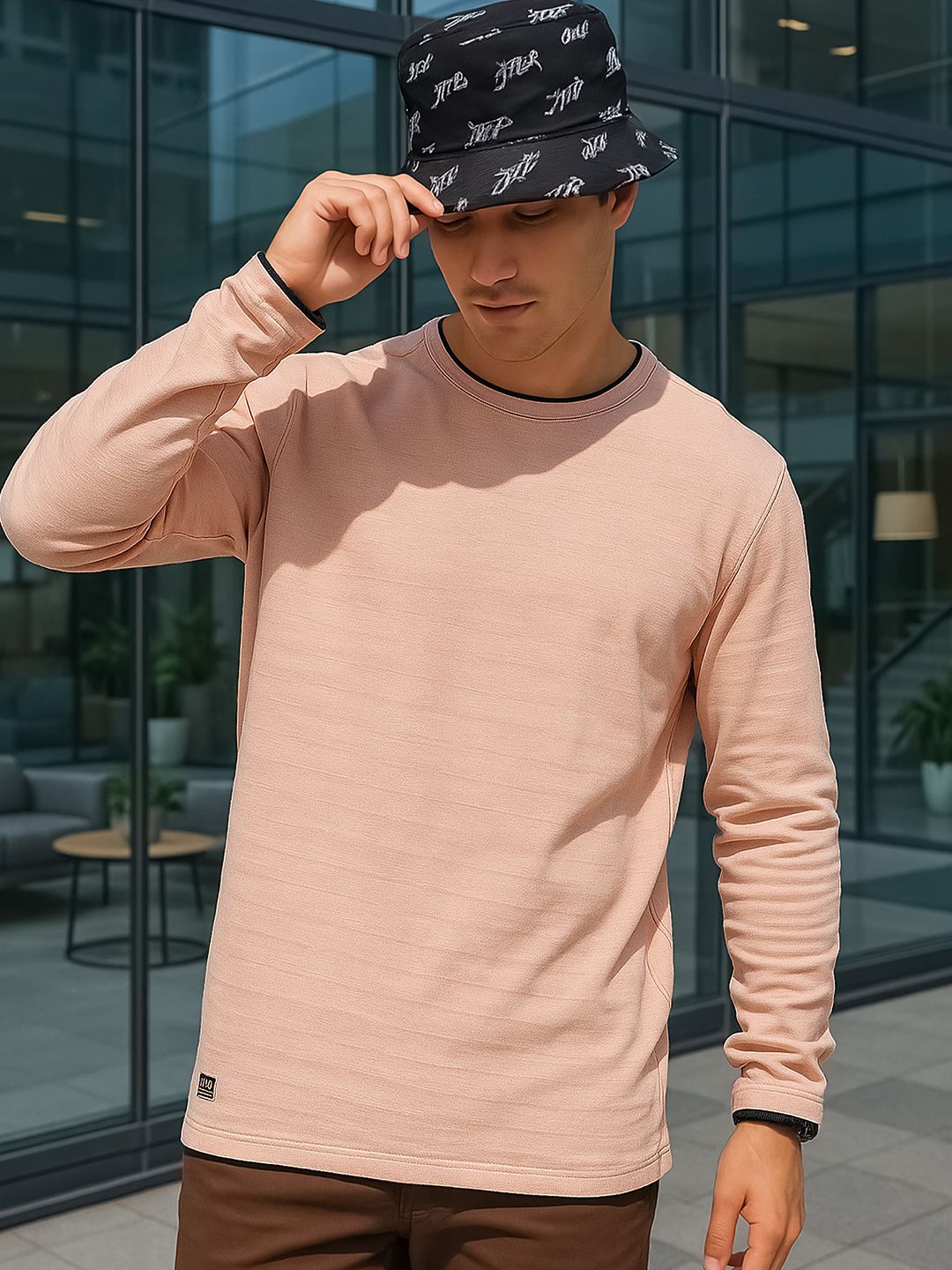 Maniac Self Design Round Neck Long Sleeves Pure Cotton Slim Fit T-shirt