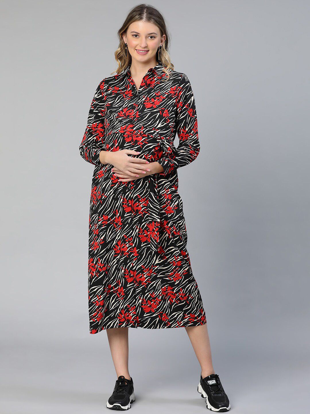 Oxolloxo Floral Print Collared Belted Maternity Dress