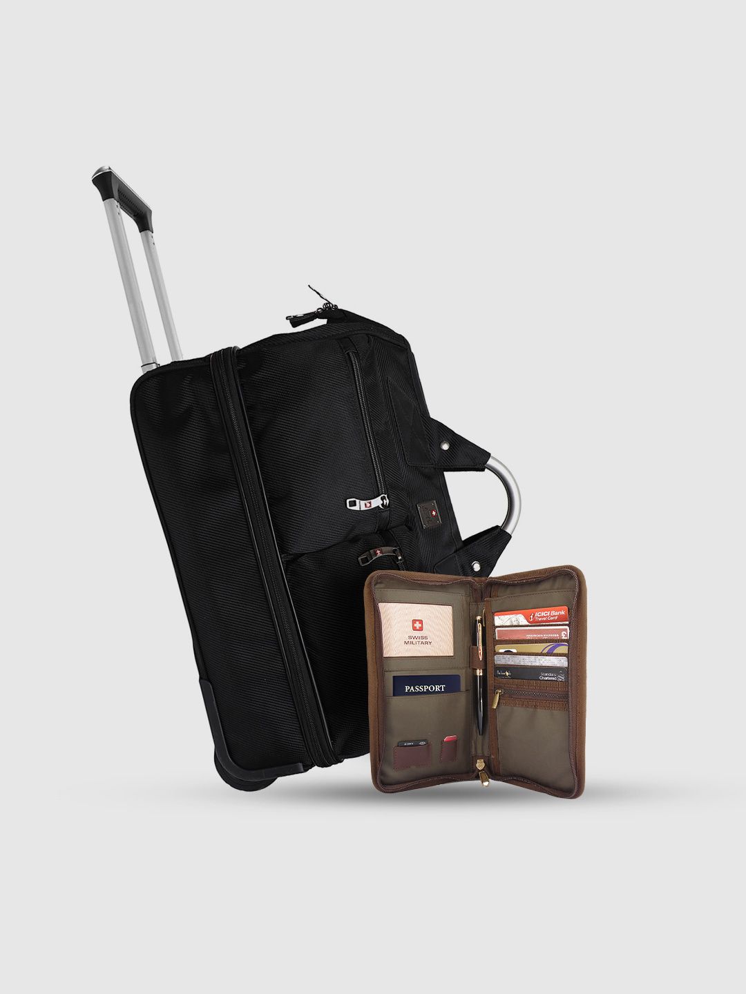 SWISS MILITARY Set Of 2 Double Decker Duffle Trolley Bag & Travel Wallet