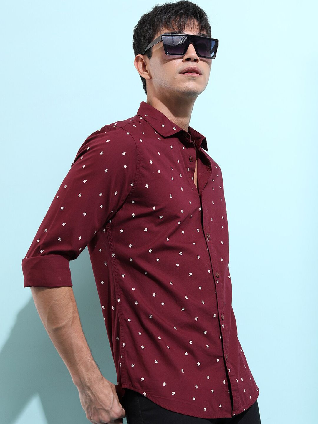 HIGHLANDER Floral Printed Spread Neck Cotton Slim Fit Casual Shirt