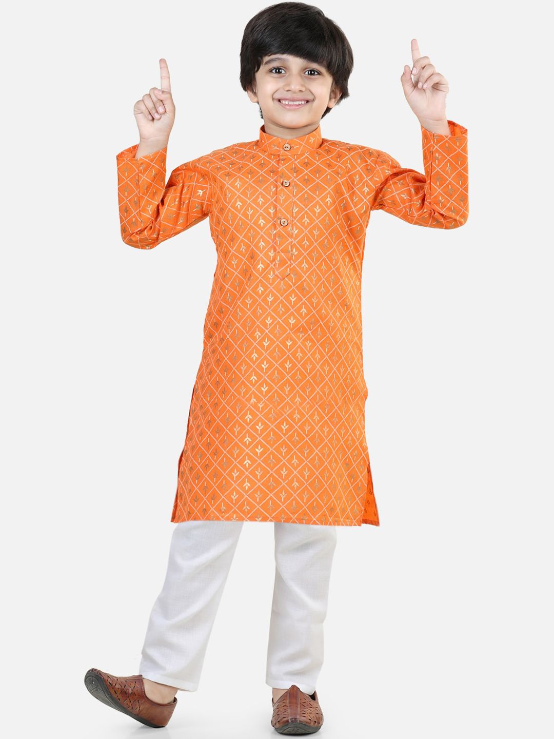 BownBee Boys Orange Printed Regular Pure Cotton Kurta with Pyjamas