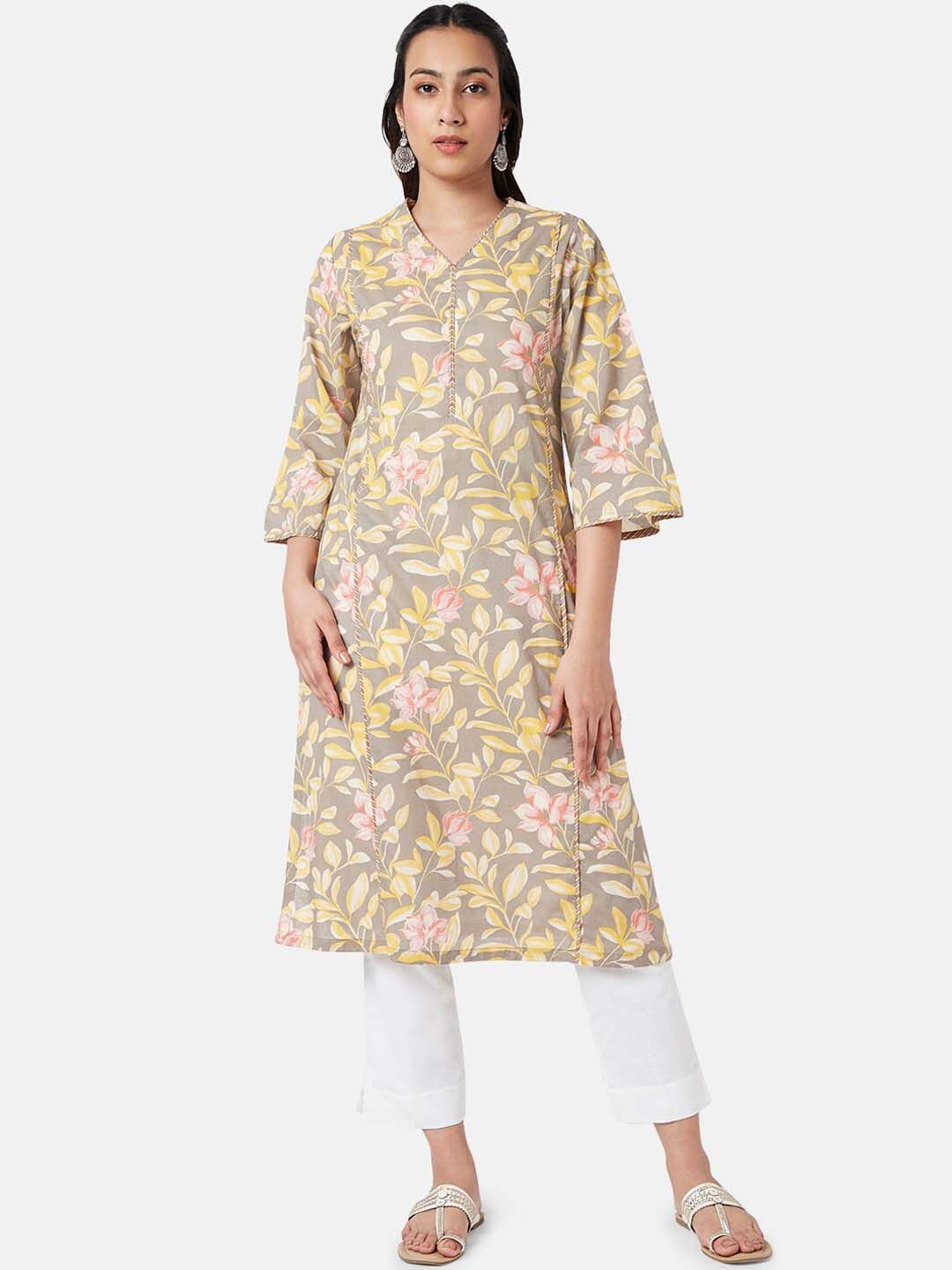 RANGMANCH BY PANTALOONS Floral Printed V-Neck Flared Sleeves Pure Cotton Kurta