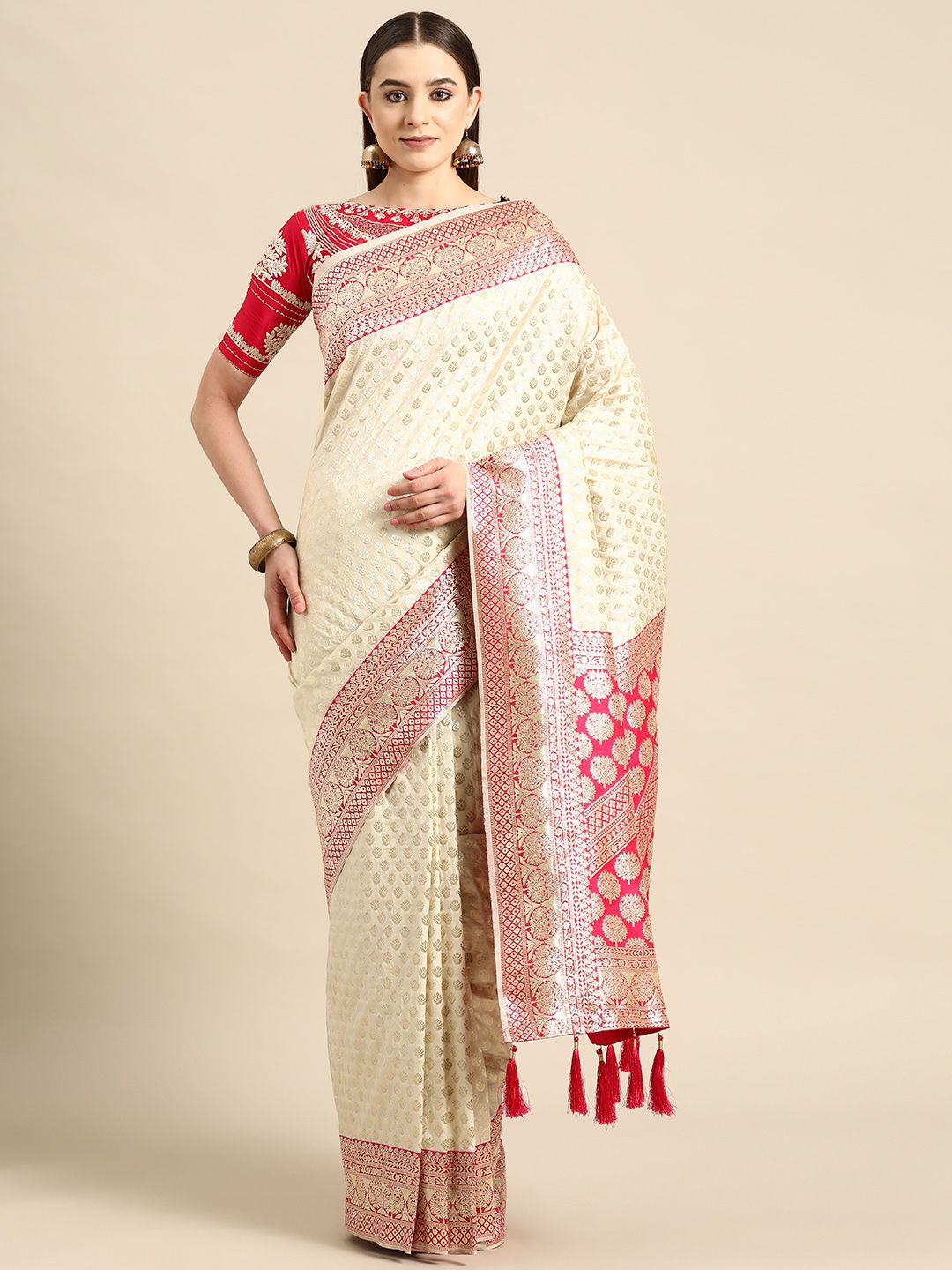 MANOHARI White & Pink Woven Design Silk Blend Banarasi Saree