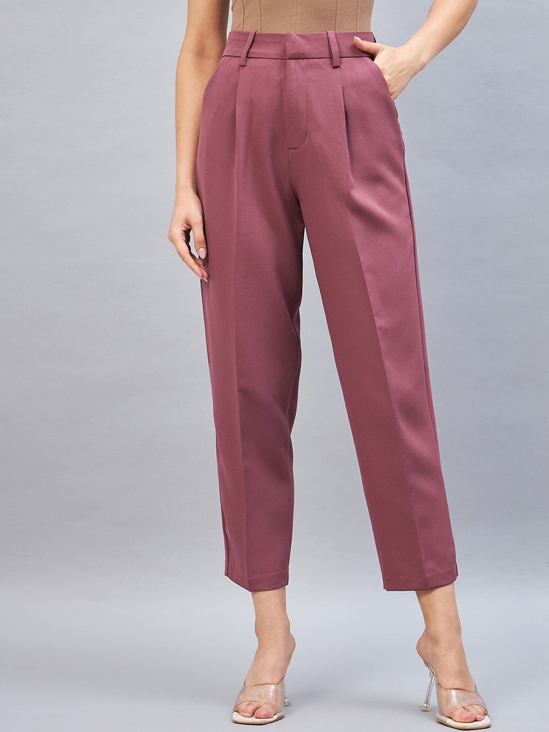 DELAN Women Smart Regular Fit High-Rise Easy Wash Pleated Trousers