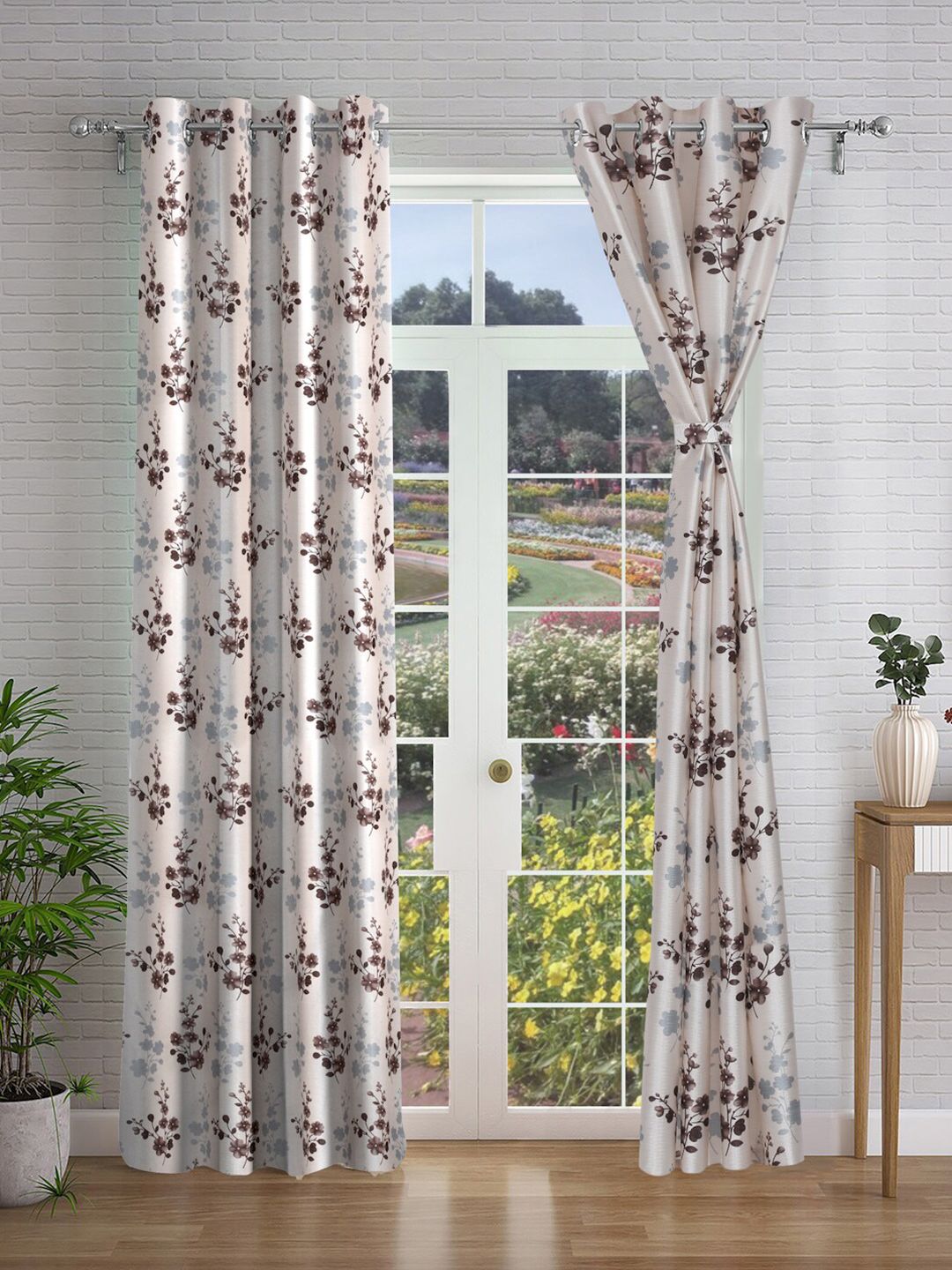 Buy Cortina White & Grey 2 Pieces Floral Printed Door Curtains -  - Home for Unisex