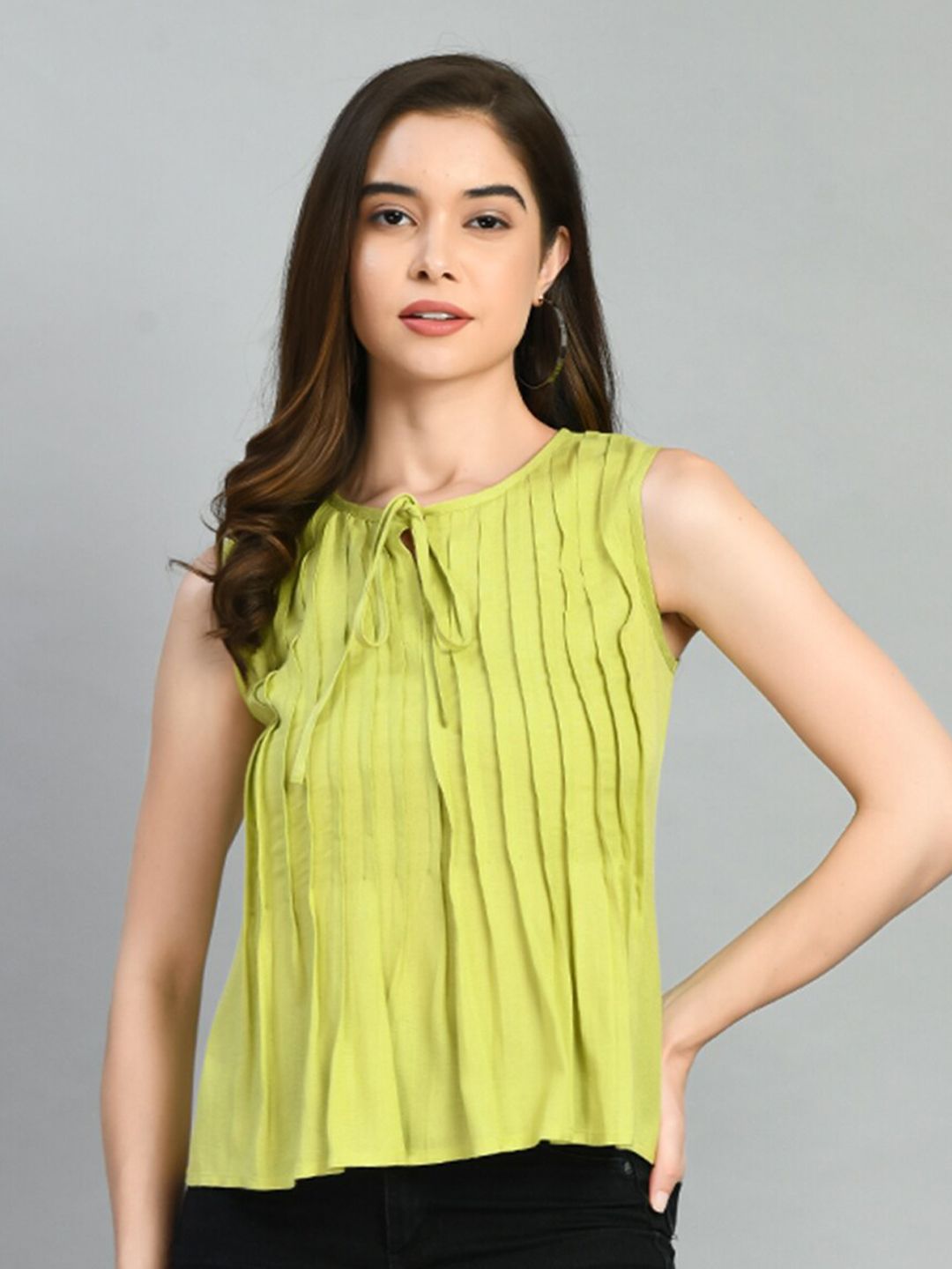 Fuchsia  Tie-Up Neck Sleeveless Pleated Top