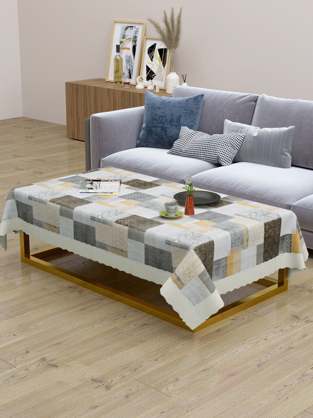 Clasiko Black & Grey Printed Rectangular 2-Seater Anti-Slip Table Cover