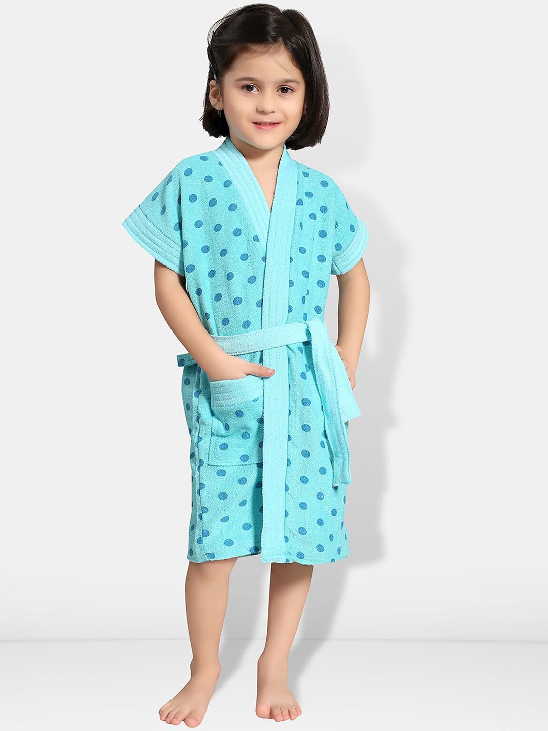 Buy Be You Blue Polka Dots Cotton Drawstring Knee Length Bath Robe -  - Home for Girls