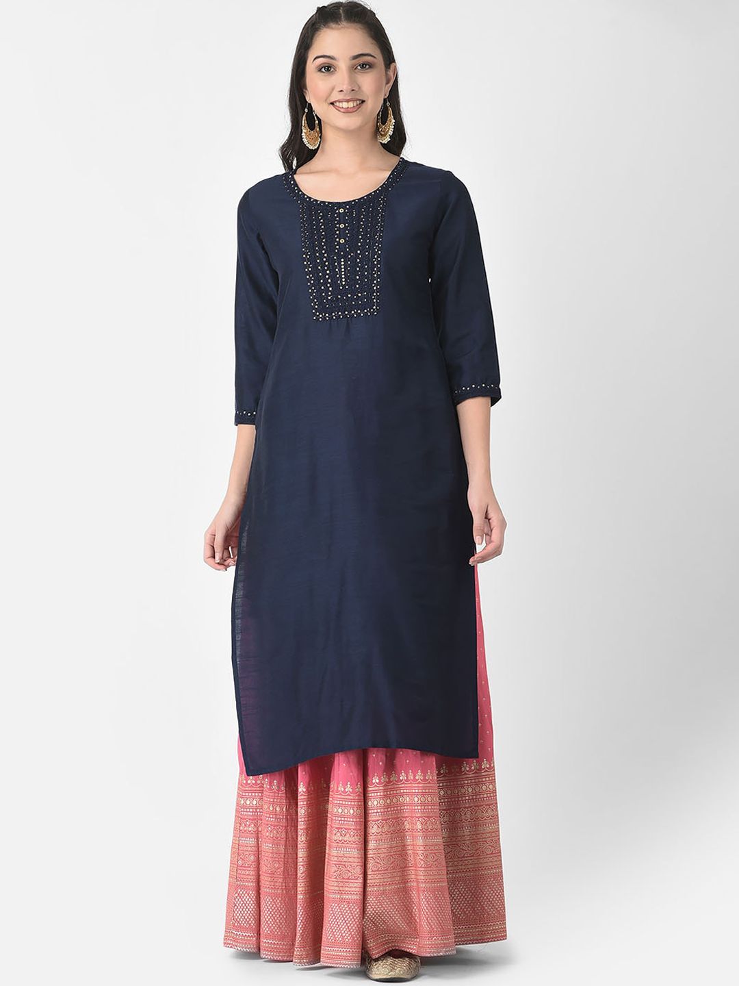 Span Ethnic Motifs Yoke Design Sequinned Pure Silk Kurta